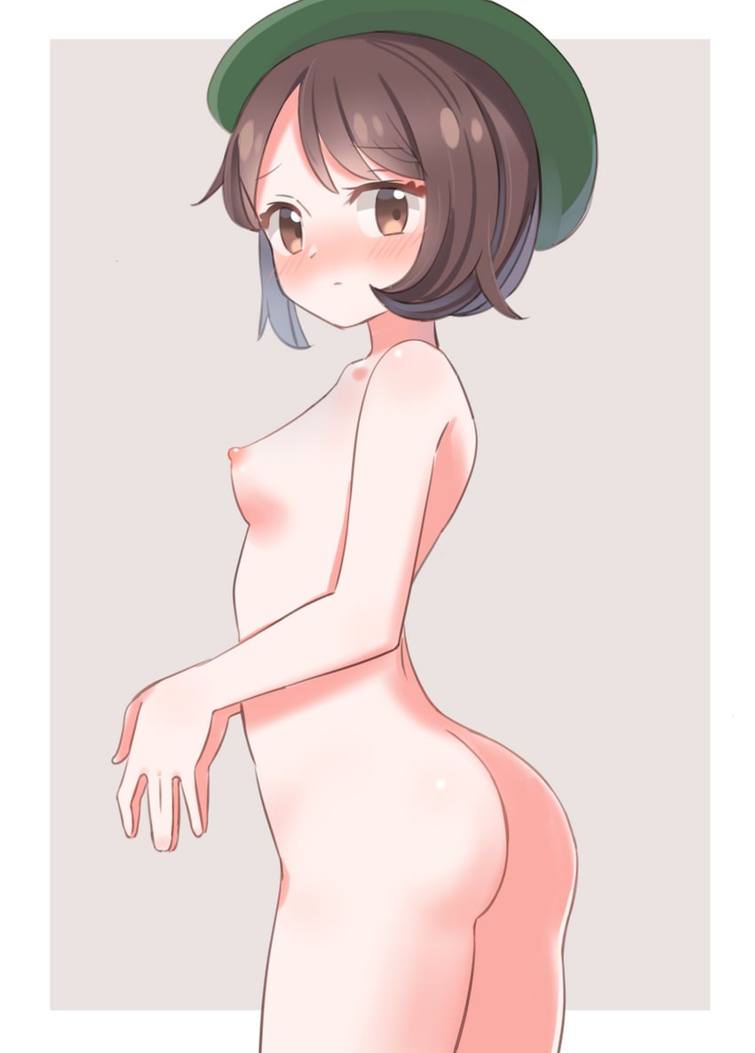 1girls, ass, blush, breasts, female, female only, gloria (pokemon), hat, looking at viewer, nipples, nude, pokemon, pokemon ss, shikama, solo, tagme