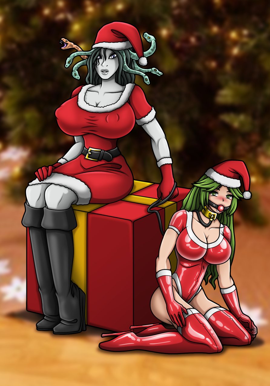 2girls ball_gag ballet_boots blue_eyes blush blushing boots breasts christmas dark_hair face_tattoo female female_only femdom femsub green_eyes green_hair high_heels highres holding_leash hourglass_figure kid_icarus kid_icarus_uprising large_breasts latex leash long_green_hair long_hair medusa medusa_(kid_icarus) nintendo nipple_bulge pale-skinned_female pale_skin palutena re-maker remaker santa_costume santa_hat sitting_on_box snake_hair tagme yuri