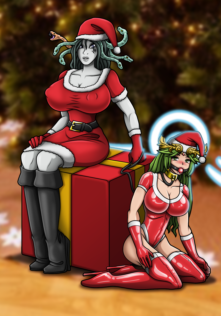 2girls ball_gag ballet_boots blue_eyes blue_light blush blushing boots breasts christmas crown dark_hair edit face_tattoo female female_only femdom femsub green_eyes green_hair halo high_heels highres holding_leash hourglass_figure kid_icarus kid_icarus_uprising large_breasts latex leash long_green_hair long_hair medusa medusa_(kid_icarus) nintendo nipple_bulge pale-skinned_female pale_skin palutena re-maker remaker santa_costume santa_hat sitting_on_box snake_hair tagme third-party_edit yuri