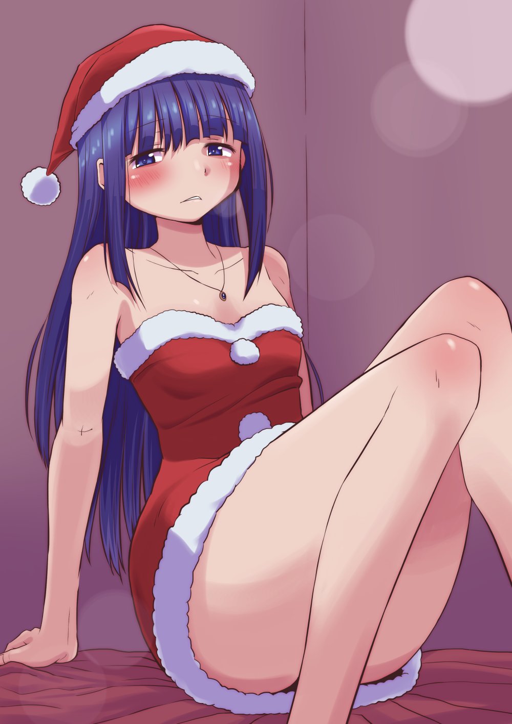 1girls ass bed bedroom blue_eyes blue_hair christmas feet_out_of_frame female female_only hands human human_only legs long_hair magia_record:_mahou_shoujo_madoka_magica_gaiden magical_girl mahou_shoujo_madoka_magica nanami_yachiyo nervous puella_magi_madoka_magica santa_costume santa_hat small_breasts solo solo_female touyu_(yuruyuruto) voluptuous voluptuous_female young