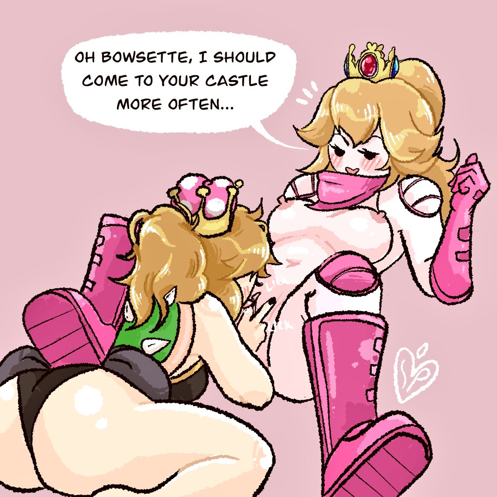 2girls ass blonde_hair boots bowsette breasts crown cunnilingus duo female female_only fingering footwear gloves handwear mario_(series) mob_face multiple_girls naked_boots naked_footwear naked_gloves new_super_mario_bros._u_deluxe nude oral pale_skin princess_peach pussy salaciouspeachy spread_legs super_mario_bros. super_mario_bros._(2023_film) text yuri