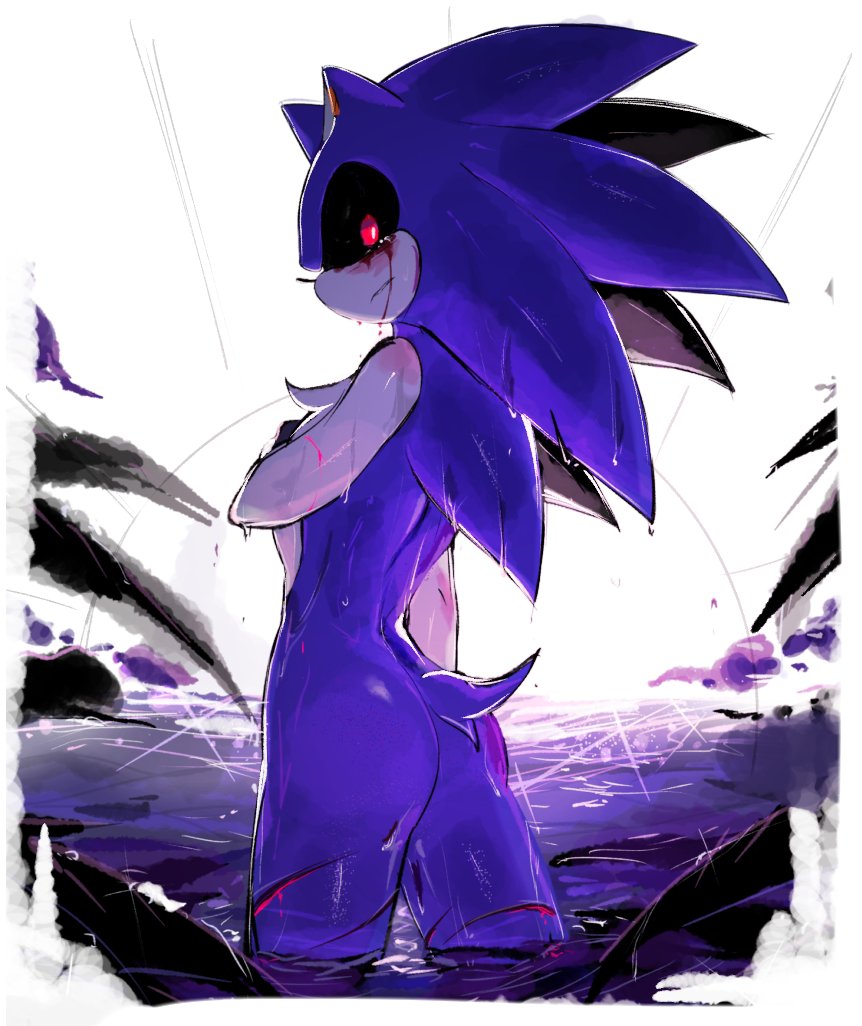 anthro, black eyes, blue fur, blue hair, caked up, creepy, creepypasta, curse (sonic.exe), femboy, horror, looking at viewer, male, naked, purple fur, purple hair, red eyes, sega, short tail, solo, sonic (series), sonic the hedgehog, sonic.exe, sonic.exe (series), tagme, tail, tears, usa37107692