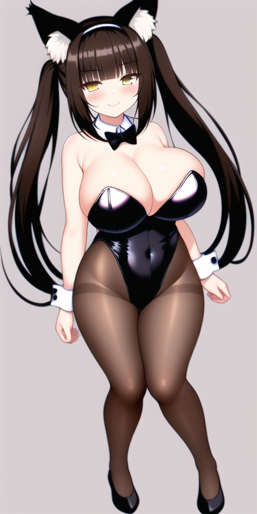 1girls adorable ai_generated alternate_breast_size animal_ears big_breasts black_leotard blunt_bangs bowtie breasts brown_hair bunnysuit busty cat_ears chocola_(sayori) covered_navel curvaceous curvy cute detached_collar female female_only fishnet_pantyhose fishnets high_heels highleg highleg_leotard hourglass_figure large_breasts latex light-skinned_female long_hair looking_at_viewer nai_diffusion nekopara pantyhose playboy_bunny plump smile solo solo_female solo_focus stable_diffusion standing strapless strapless_leotard thighband_pantyhose twintails voluptuous wide_hips