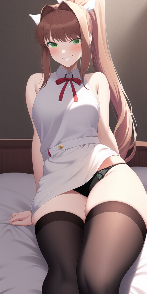 ai generated, doki doki literature club, dress, female, green eyes, monika (doki doki literature club), nai diffusion, panties, ribbon, sitting on bed, stable diffusion, thighhighs