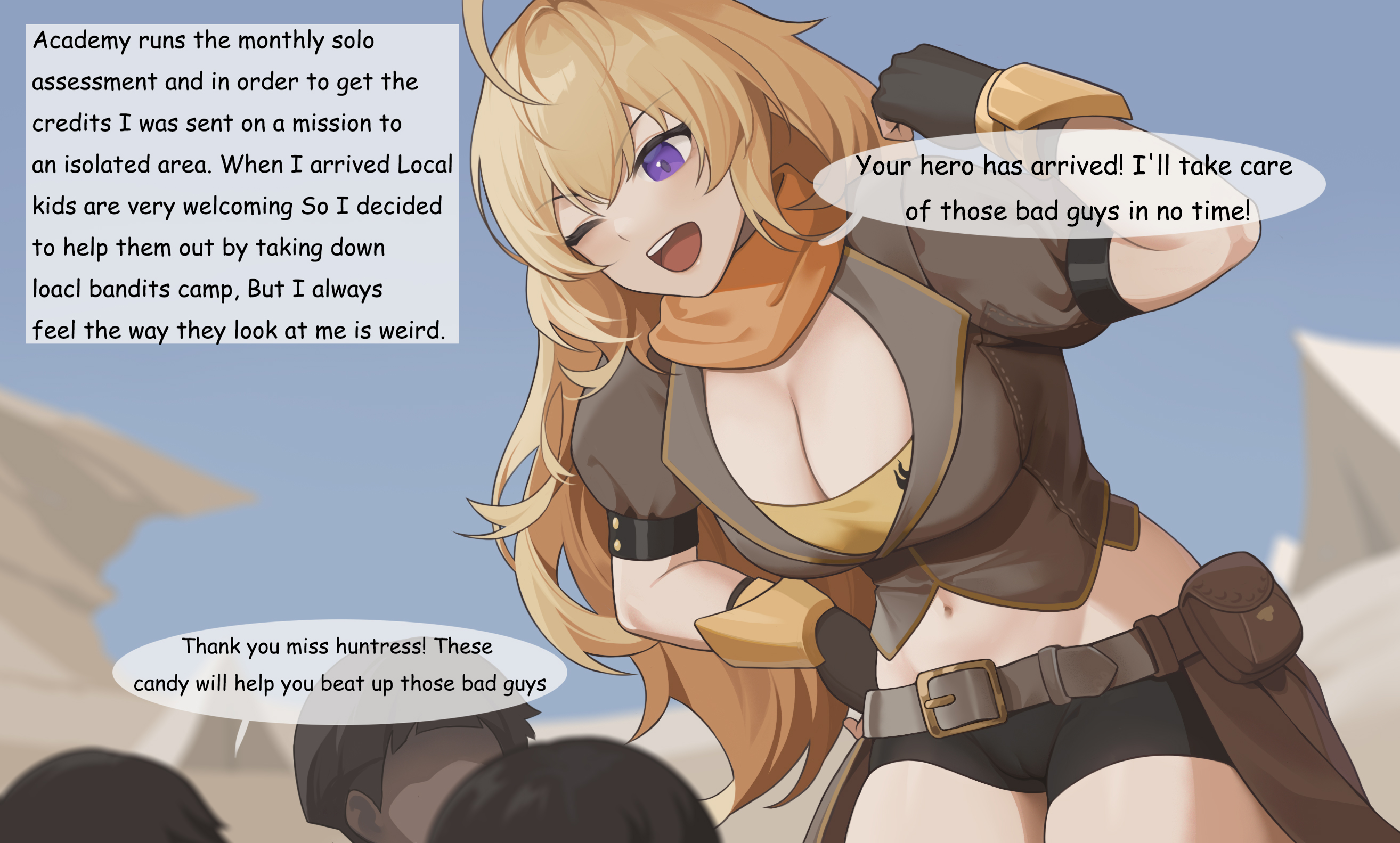100wang, ass, big ass, big breasts, blonde hair, breasts, cameltoe, child bearing hips, cleavage, cocky smile, english, english text, female, male, multiple boys, multiple males, one eye closed, pale skin, purple eyes, pussy, rwby, single female, tagme, text, wangxiii, yang xiao long