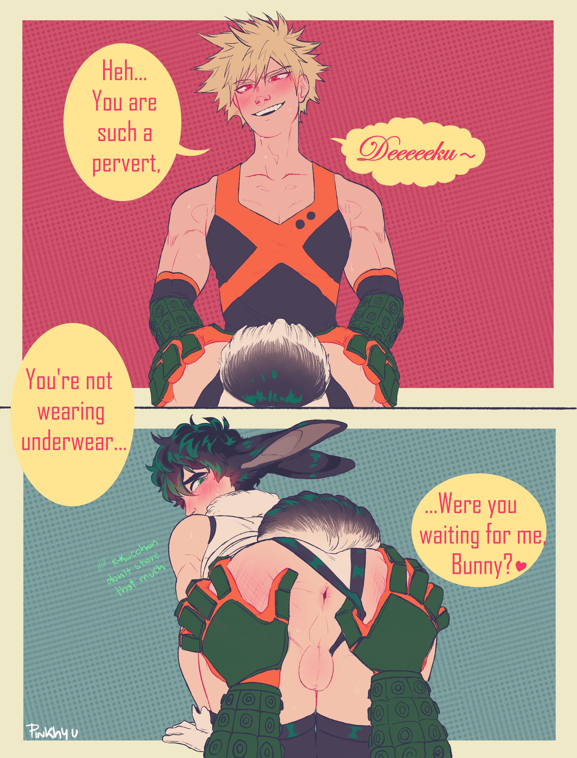 2boys, anus, ass, ass grab, balls, ballsack, bent over, blonde hair, blush, bunny boy, bunny ears, bunny tail, embarrassed, english text, femboy, gay, gay male, gloves, green eyes, green hair, hero outfit (mha), izuku midoriya, katsuki bakugou, looking back, male, my hero academia, pink hyu, pinkhyu, rabbit ears, rabbit tail, red eyes, stockings, yaoi