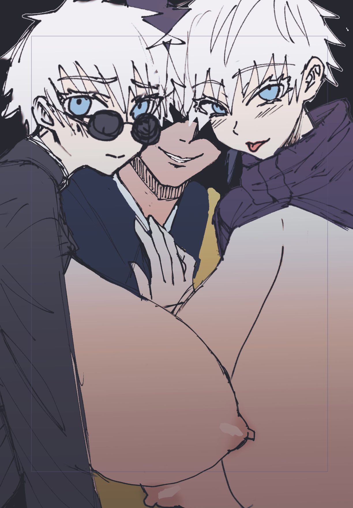 1boy 1boy1girl 2girls albino big_ass big_breasts boner curvy erect_nipples erection female gender_transformation genderswap_(mtf) gigantic_breasts glasses happy_female happy_male horny_male huge_breasts huge_butt huge_thighs japanese_text jujutsu_kaisen large_breasts looking_at_viewer looking_over_eyewear looking_over_glasses looking_over_sunglasses older_male older_man_and_teenage_girl open_mouth penetration penis pervert rule_63 satoru_gojo short_hair smiley_face smiling squeezing_breast squeezing_breasts squeezing_breasts_together straight straight_sex submissive_female suguru_geto sunglasses thick_thighs tinted_eyewear worried worried_expression younger_female