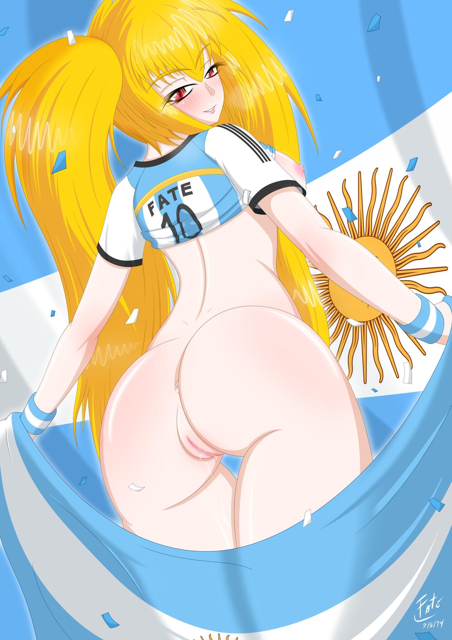 1girls anus argentina ass blonde_hair breasts breasts_out fatelogic football_uniform looking_at_viewer looking_back no_bra no_panties nym_rose original partially_clothed red_eyes vagina yellow_hair