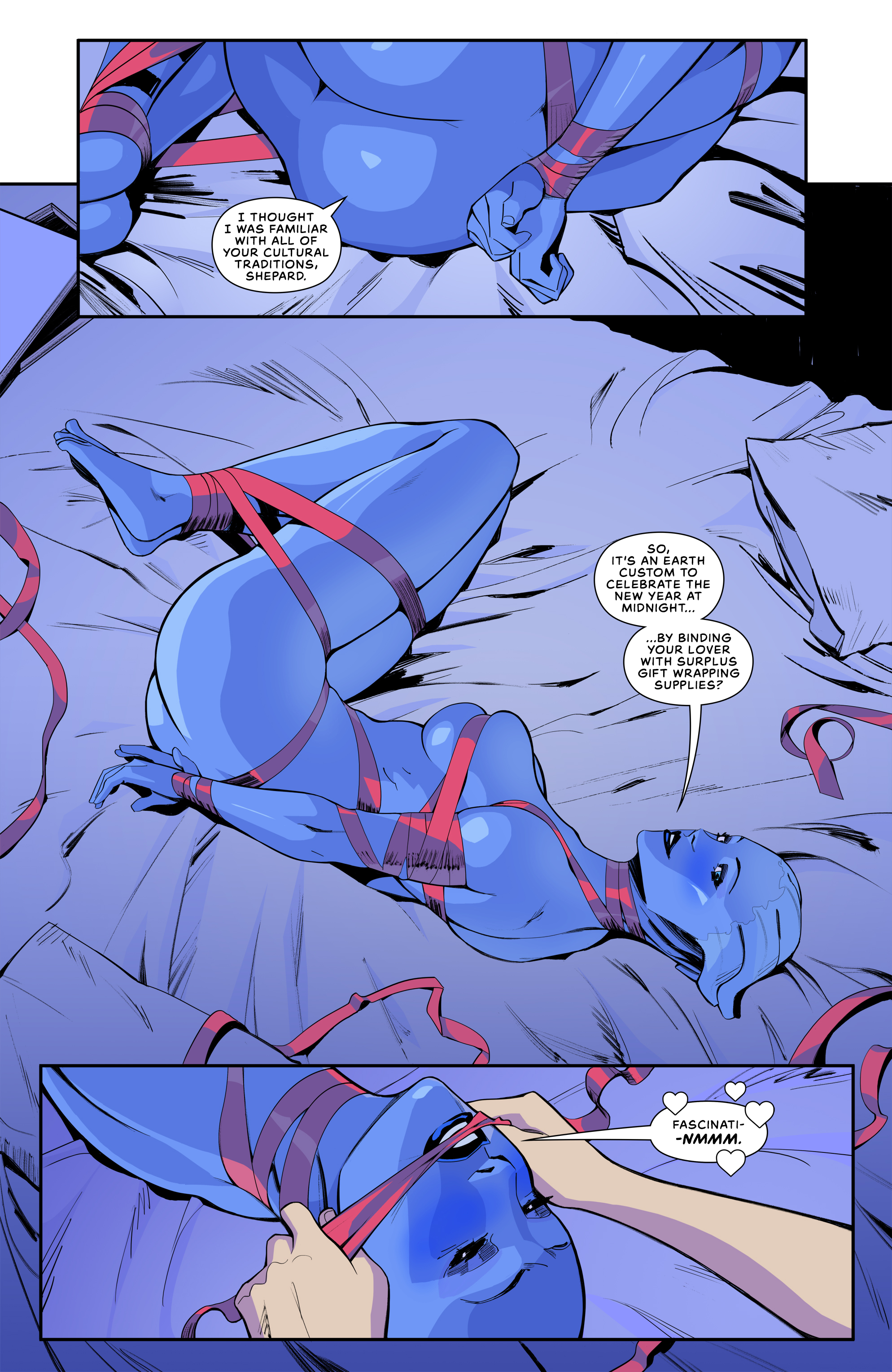 1girls, alien, alien girl, ass, bedroom, blue skin, bondage, bound, breasts, comic, dialogue, female, gagged, gift wrapped, laying on bed, liara t'soni, mass effect, nude, on bed, ribbon bondage, sideboob, telikor, thick thighs, tied up, willing sub
