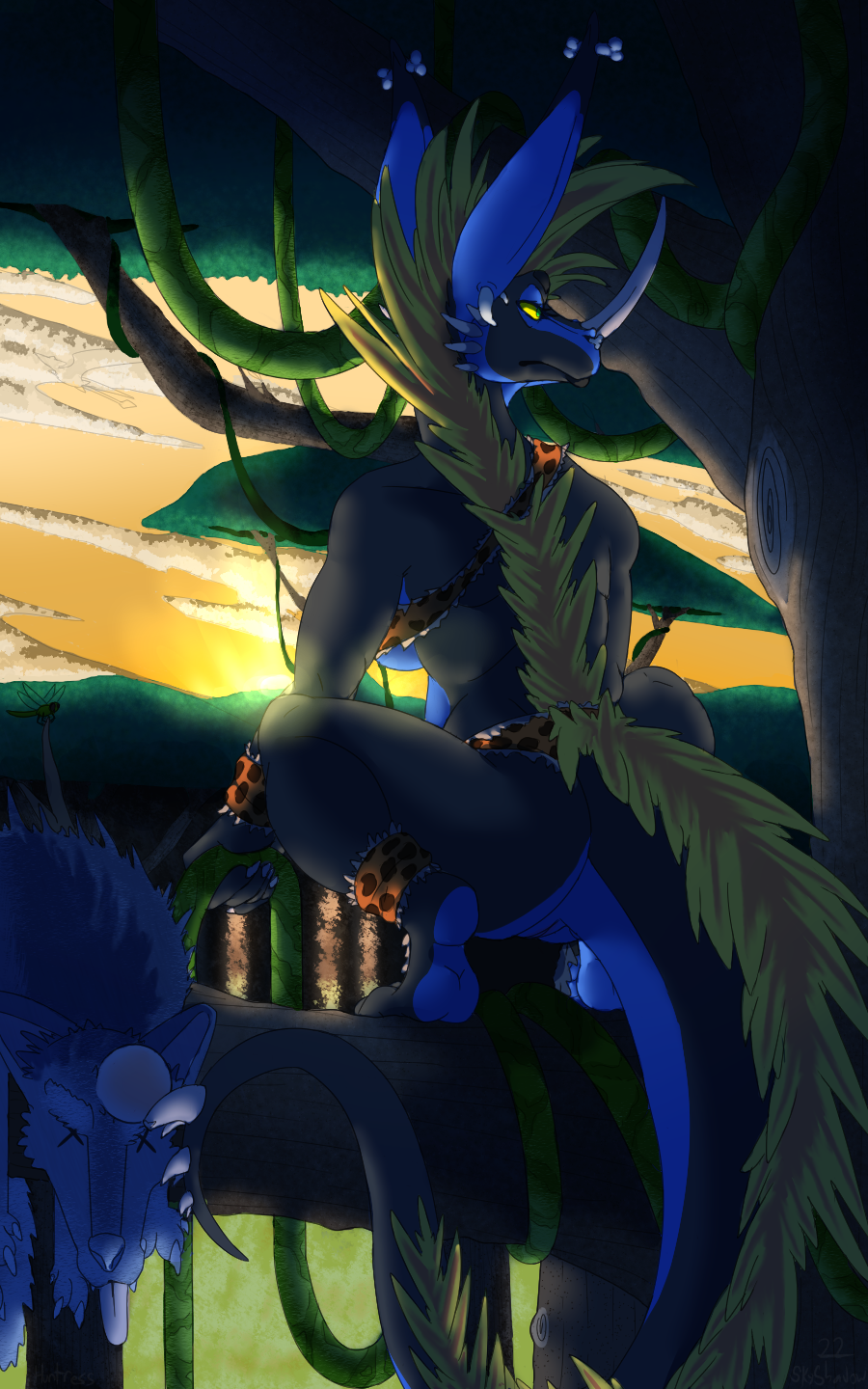 2022 anthro black_body blue_body breasts cave_airu dragon female forest genitals hair hi_res horn hunting in_tree kneeling outside plant scalie sky skyshadow_(artist) solo tree tribal tribal_clothing wingless_dragon