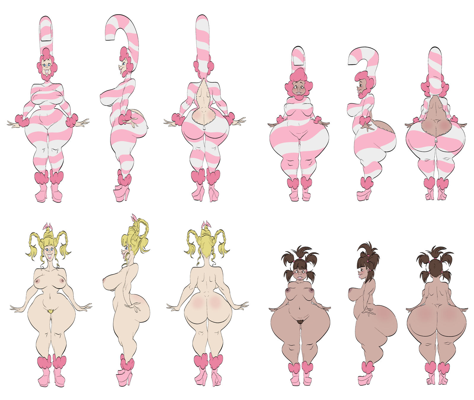 4girls, actor, alternate version available, ass, ass cleavage, ass crack, big ass, big breasts, blonde, blonde hair, bodysuit, breasts, brown hair, brunette, buckteeth, busty, butt crack, christina whoterberry, commission, curvy, dark skin, dark-skinned female, digital drawing (artwork), digital media (artwork), dr seuss, eyebrows, eyelashes, eyes, fat ass, female, female only, high heel boots, hips, hourglass figure, how the grinch stole christmas, huge ass, human, humanoid, junie (how the grinch stole christmas), large ass, large breasts, legs, light skin, light-skinned female, lips, massive thighs, multiple females, multiple girls, naked, nude, nude female, pubic hair, slb, thick, thick ass, thick legs, thick thighs, thighs, voluptuous, waist, who (species), wide hips
