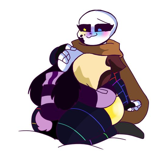 1girls 2d apron big_ass big_breasts big_butt blue_eye ectobody face_in_breasts female_sans heterochromia hugging ink_sans ink_sans_(fan_character) inktale kneeling oc rule_63 sans sans_au thick_thighs thighhighs undertale undertale_(series) undertale_au white_background yellow_eye