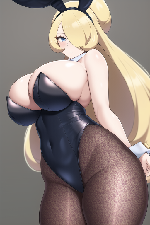1girls, adorable, ai generated, alternate breast size, bangs, big breasts, black leotard, blonde hair, bowtie, breasts, brown hair, bunnysuit, busty, covered navel, curvaceous, curvy, cute, cynthia (pokemon), detached collar, female, female only, fishnet pantyhose, fishnets, highleg, highleg leotard, hourglass figure, large breasts, latex, light skin, light-skinned female, long hair, looking at viewer, nai diffusion, pantyhose, playboy bunny, plump, pokemon, smile, solo, solo female, solo focus, stable diffusion, standing, strapless, strapless leotard, thighband pantyhose, twintails, voluptuous, wide hips