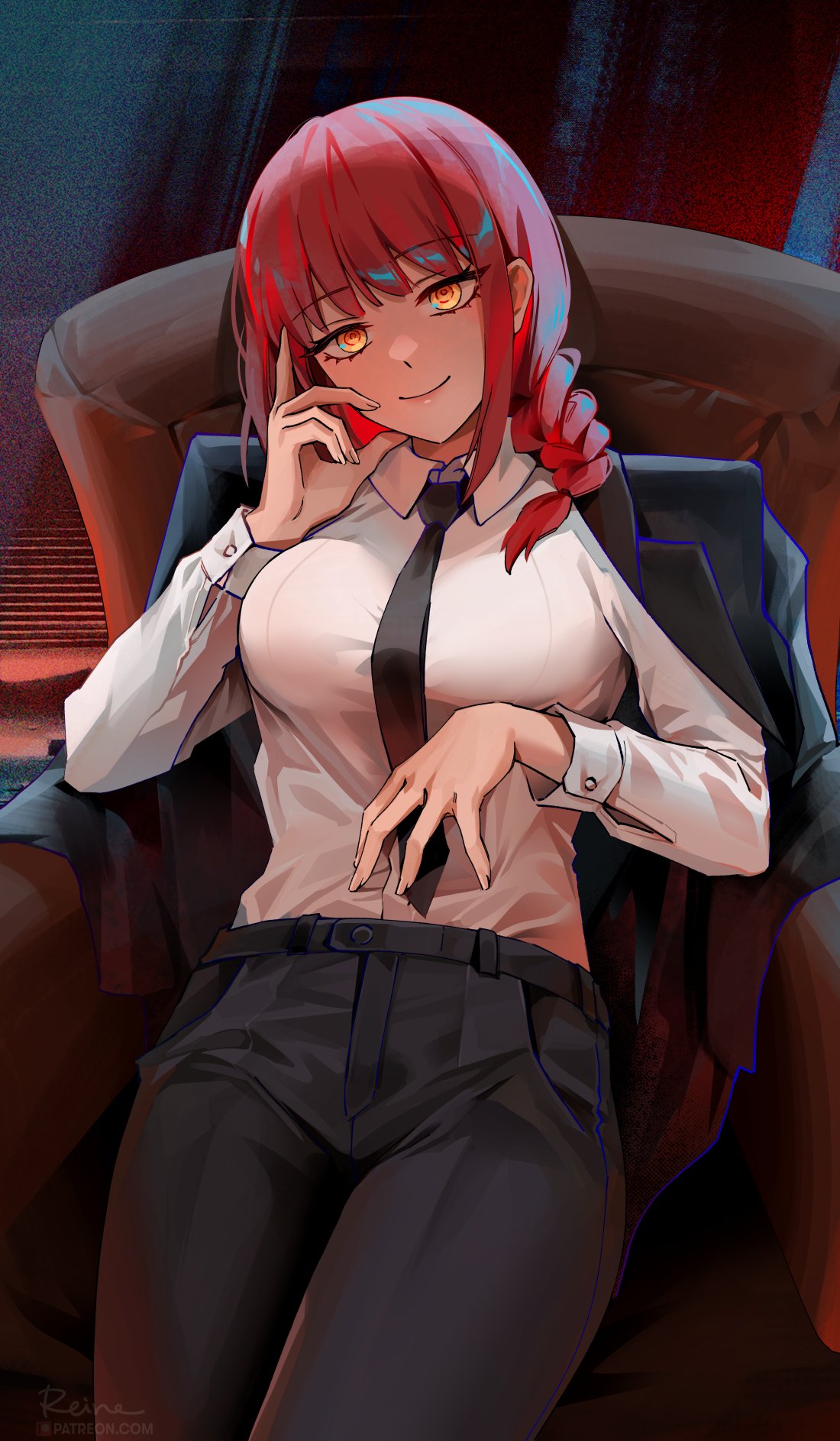 1girls blush braided_hair breasts chainsaw_man clothed clothed_female female foxy_rain_(foxyreine) foxyrain_(foxyreine) foxyreine large_breasts light-skinned_female light_skin long_hair looking_at_viewer makima_(chainsaw_man) necktie red_hair slim_waist smile thick_thighs yellow_eyes