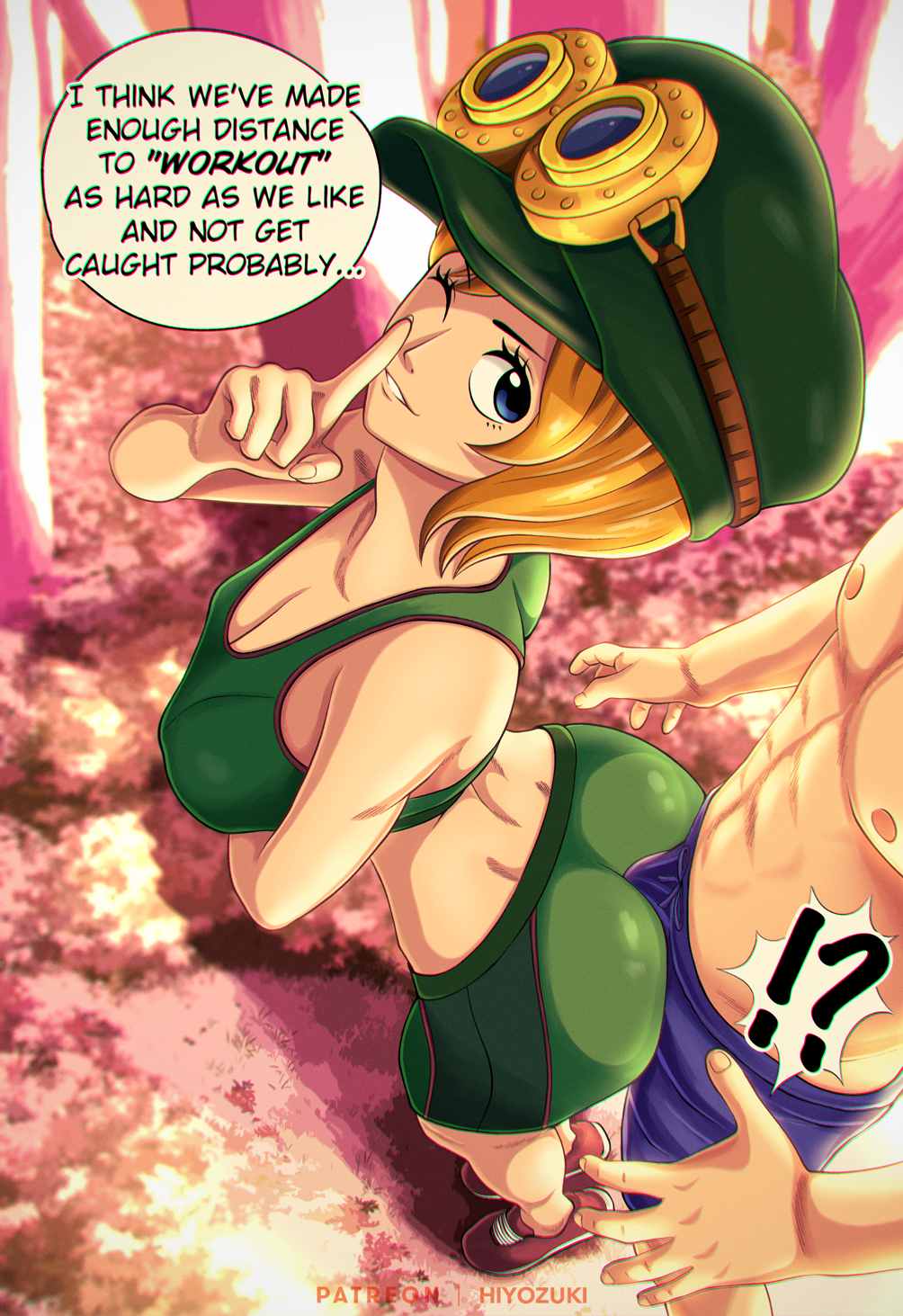 !? 1boy 1girls ass big_ass big_breasts breasts bubble_butt bulge cleavage clothed_female english_text female female_focus goggles grinding hat hiyozuki imminent_sex koala_(one_piece) male male/female mature mature_female one_piece sabo_(one_piece) short_hair solo_female speech_bubble sportswear straight_hair tagme