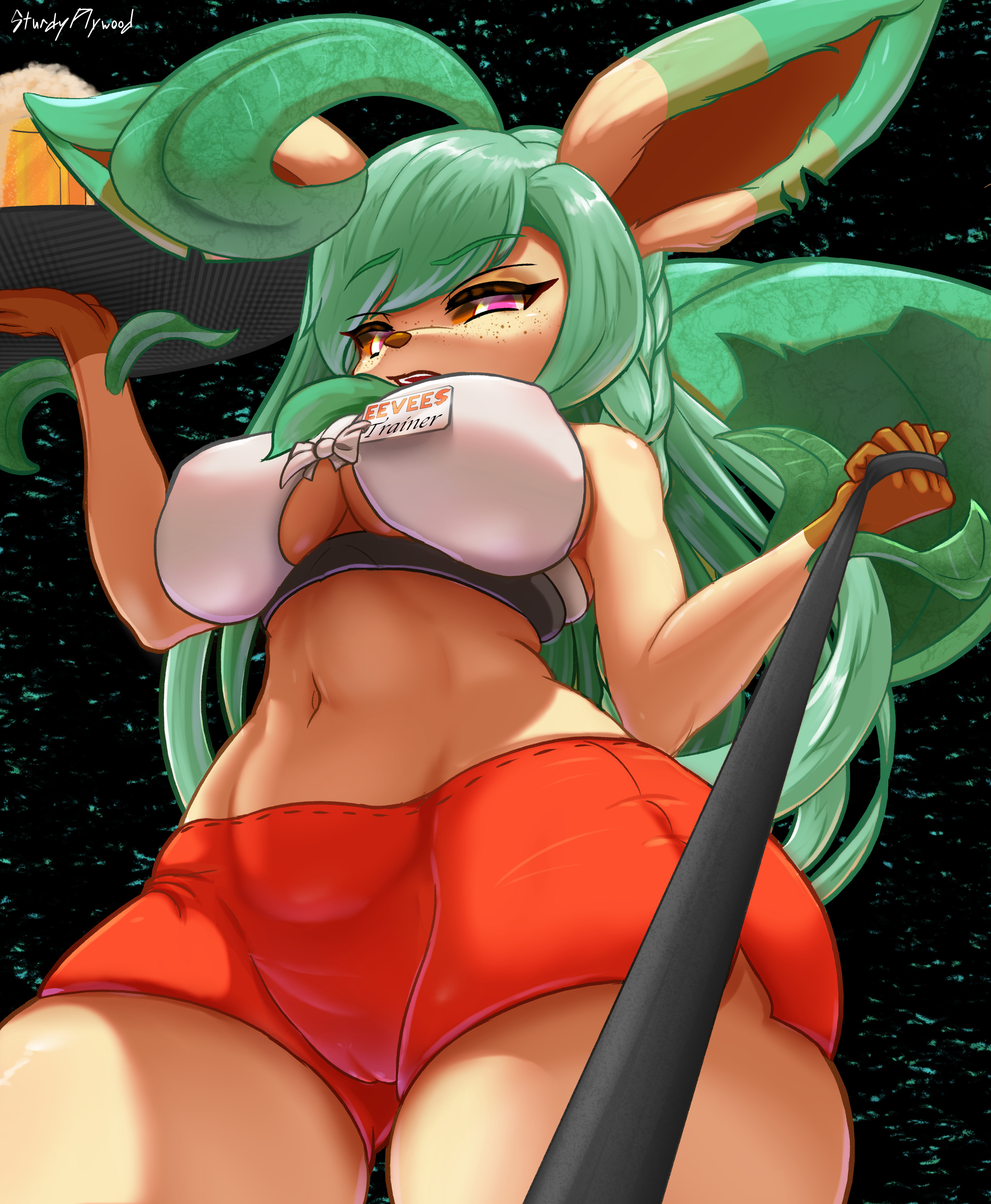 1girls, absurdres, ahoge, alcohol, anthro, anthro only, beer, beer mug, blush, braid, breasts, cameltoe, cleavage, eeveelution, female, freckles, from below, furry, green hair, highres, hooters, large breasts, leafeon, leash, long hair, looking at viewer, midriff, mug, nintendo, open mouth, pink eyes, platter, pokemon, pokemon (species), pussy, short shorts, shorts, side braid, smile, solo, sturdyplywood, tail, tank top, waitress