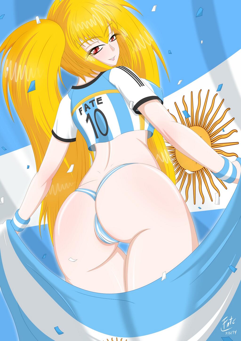 1girls argentina ass blonde_hair fatelogic football_uniform looking_at_viewer looking_back nipple_bulge nym_rose original partially_clothed red_eyes thong yellow_hair