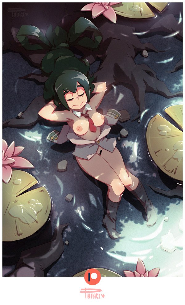 breasts green_hair in_water my_hero_academia nipples phinci pubic_hair pussy sitting_in_water swamp topless tsuyu_asui water