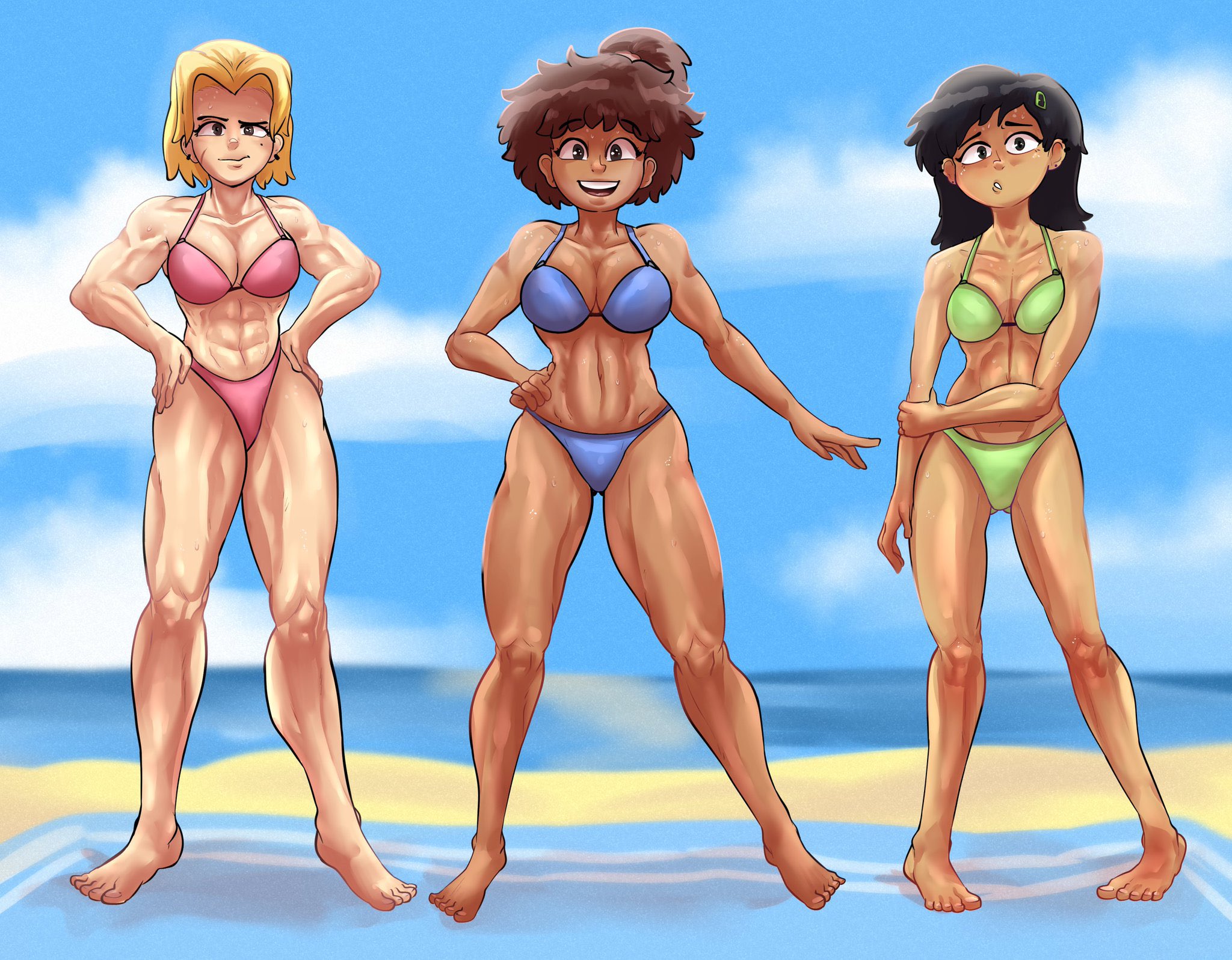 3girls, abs, adult, aged up, amphibia, amphibia (finale), anne boonchuy, athletic, athletic female, beach, beach towel, beauty mark, bikini, black hair, blonde hair, blue bikini, brown hair, cleavage, clothing, commission, dark skin, day, disney, disney channel, ear piercing, fair skin, feet, female, female only, fit, fit female, friends, full body, green bikini, group, hairclip, hands on hips, hourglass figure, light skin, marcy wu, muscles, muscular, muscular arms, muscular female, muscular legs, ocean, pink bikini, ponytail, sasha waybright, scar, shy, smile, straight hair, sweat, swimsuit, swimwear, thedarkzircon, toned, toned body, toned female, trio, trio focus
