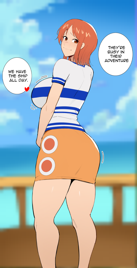 ass_in_dress backboob big_ass big_breasts clothed curvy english_text female female_only inviting_to_sex kisou large_breasts looking_back nami one_piece orange_hair pre-timeskip short_skirt solo solo_female speech_bubble suggestive text