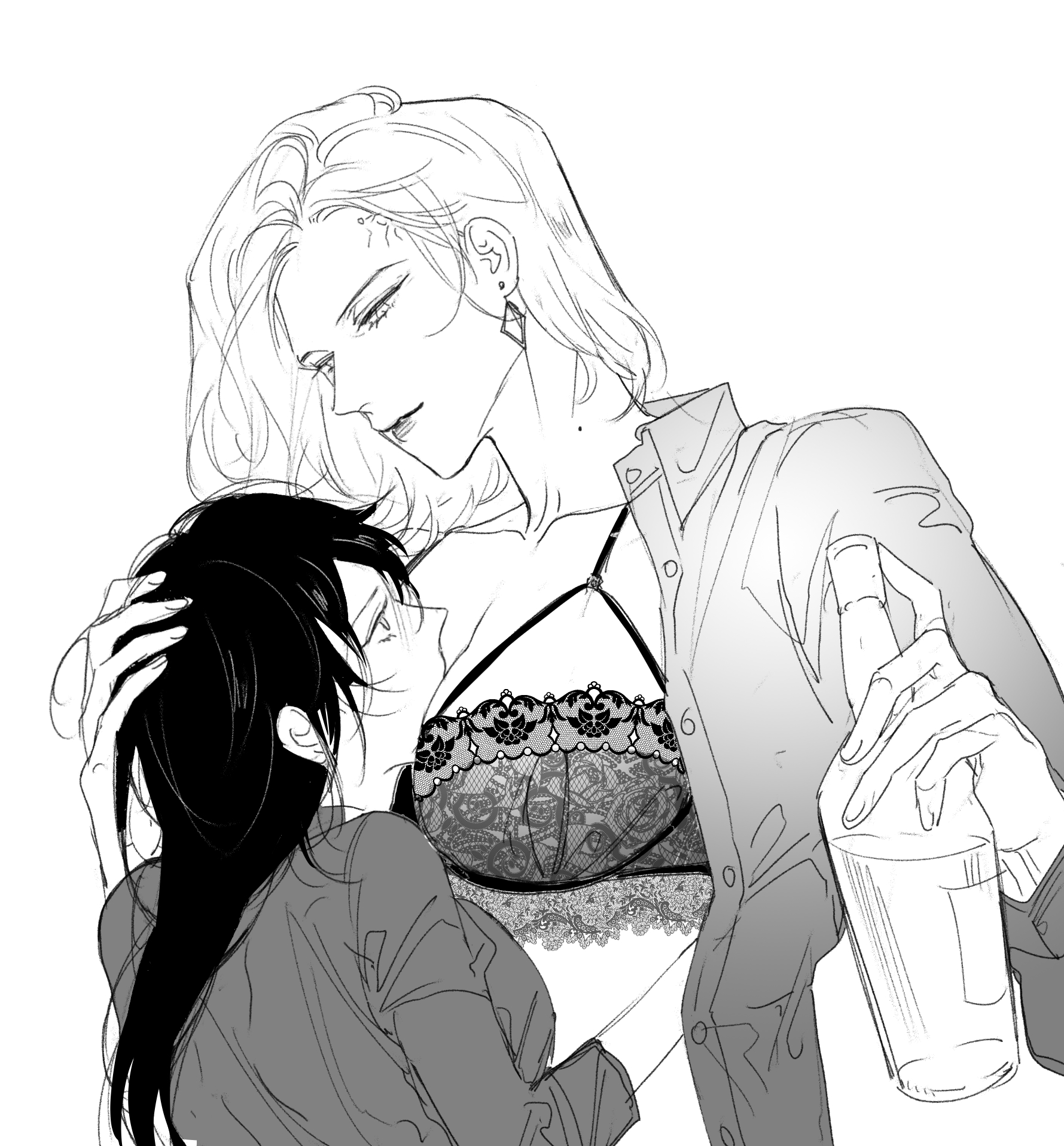 2girls, alcohol, beauty mark, boss and subordinate, bra, breasts, earrings, face in chest, female, female chief (path to nowhere), female only, lace-trimmed bra, langley (path to nowhere), large breasts, milf, older female, path to nowhere, yuri