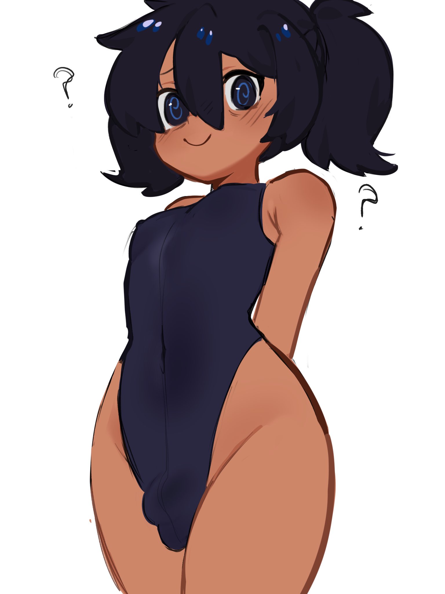 ?, 1boy, 2022, bare shoulders, blue eyes, blush, bulge, dark skin, dark-skinned femboy, dark-skinned male, femboy, girly, leotard, male, male only, nipple bulge, original, original character, ponytail, seisoporl, solo, solo male, swirly eyes, thighs, white background