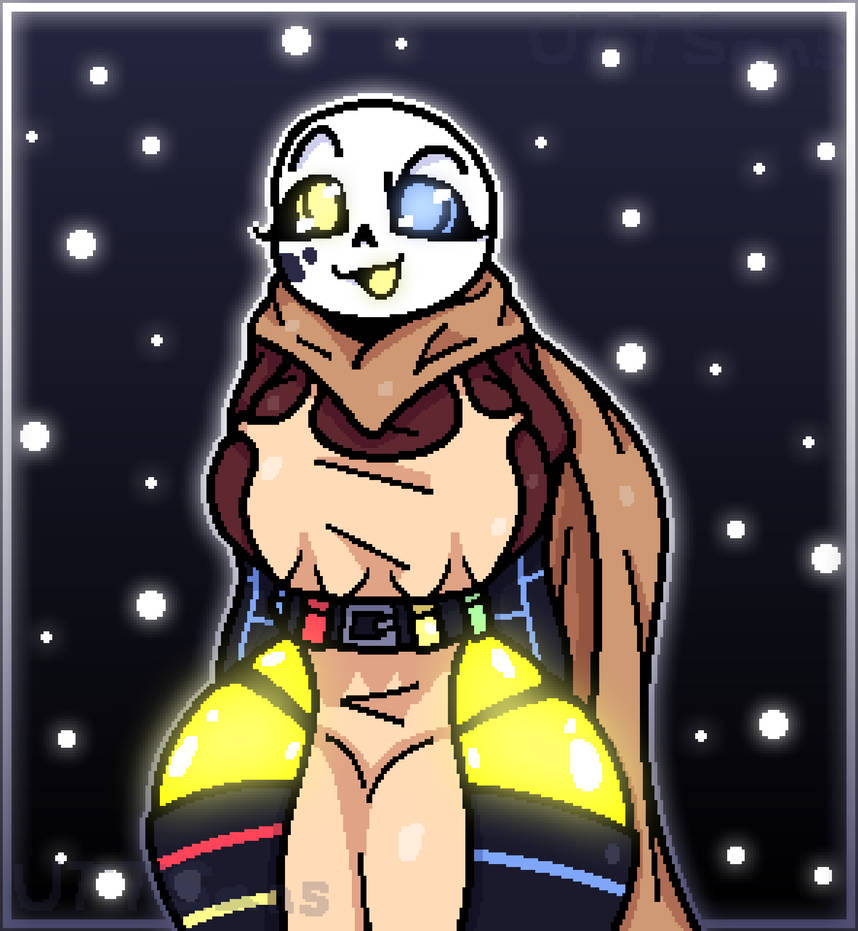 1girls 2d apron big_ass big_breasts big_thighs blue_eye breasts ectobody ectotongue female female_only female_sans heterochromia hourglass_figure ink_sans ink_sans_(fan_character) inktale long_scarf looking_at_viewer rule_63 sans sans_au scarf solo solo_female thick_thighs thighhighs undertale undertale_(series) undertale_au uttsans_(artist) yellow_body yellow_eye yellow_tongue