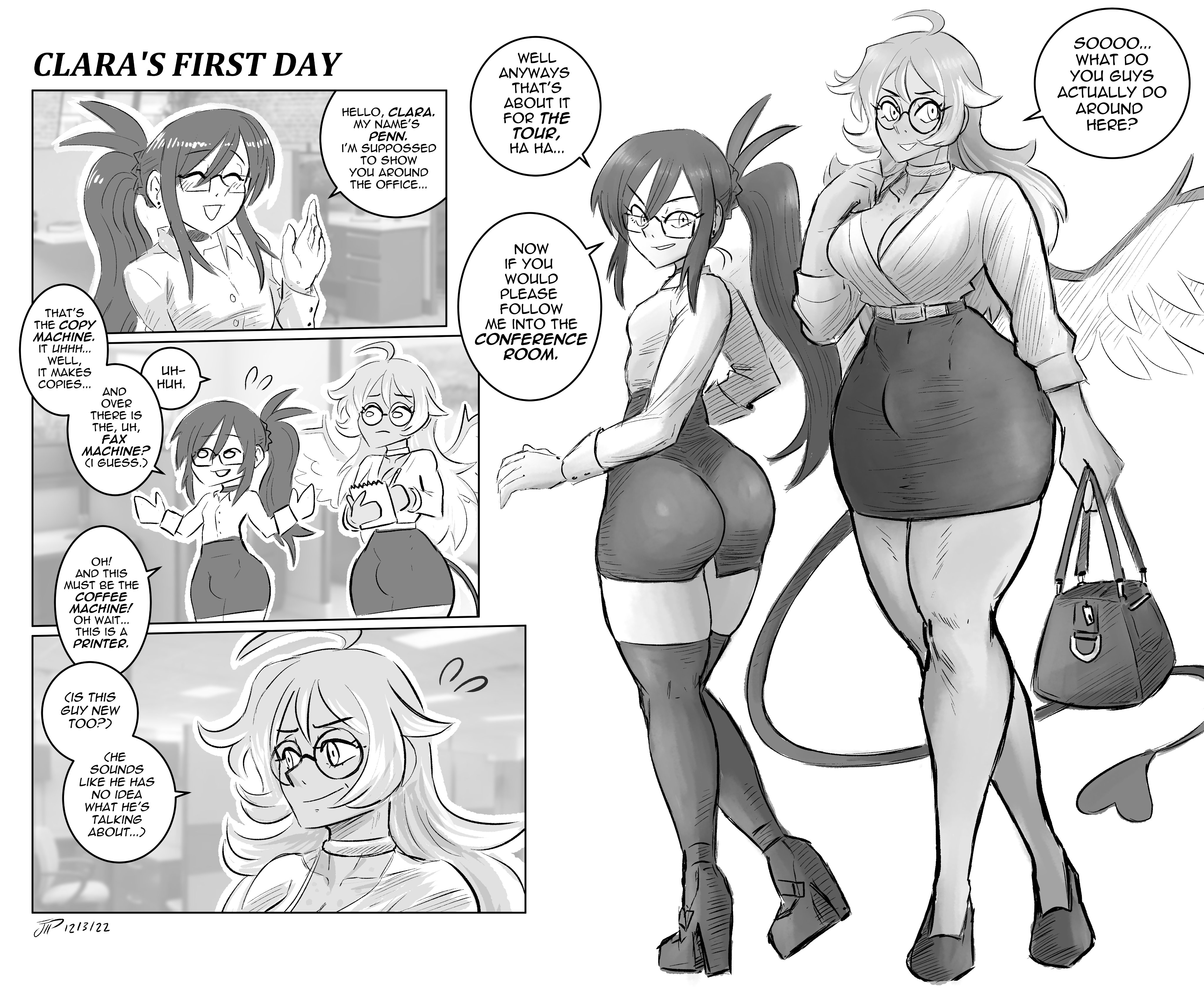 1boy, 1futa, 2022, absurd res, ass, big ass, big breasts, black hair, breasts, bulge, button down shirt, buttons, clara (drykoops), clothed, clothing, comic, crossdressing, dialogue, duo, english text, femboy, flaccid, full body, fully clothed, futanari, glasses, greyscale, high heel boots, high heels, human, humanoid, intersex, long hair, male, monochrome, office, office lady, original, original characters, pencil skirt, penis, penn (videajames), ponytail, round glasses, secretary, secretary outfit, standing, text, thick thighs, thigh boots, thighhighs, videajames, wide hips, wings
