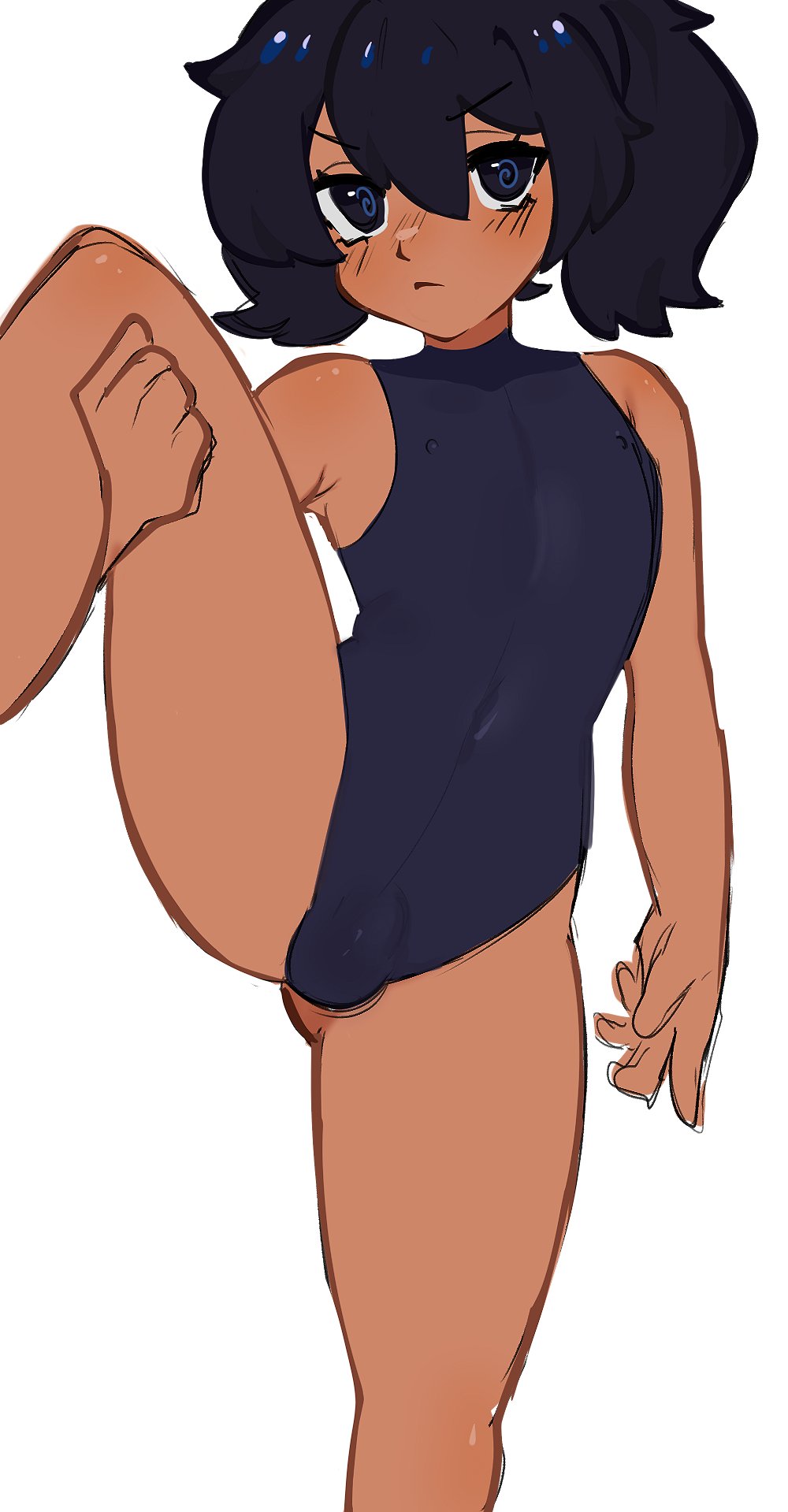 1boy, 2022, black hair, blue eyes, bulge, dark skin, dark-skinned femboy, dark-skinned male, dark-skinned sissy, dark-skinned twink, femboy, girly, leg grab, leg lift, leotard, male, male only, nipple bulge, original, original character, ponytail, seisoporl, solo, solo male, thighs, white background