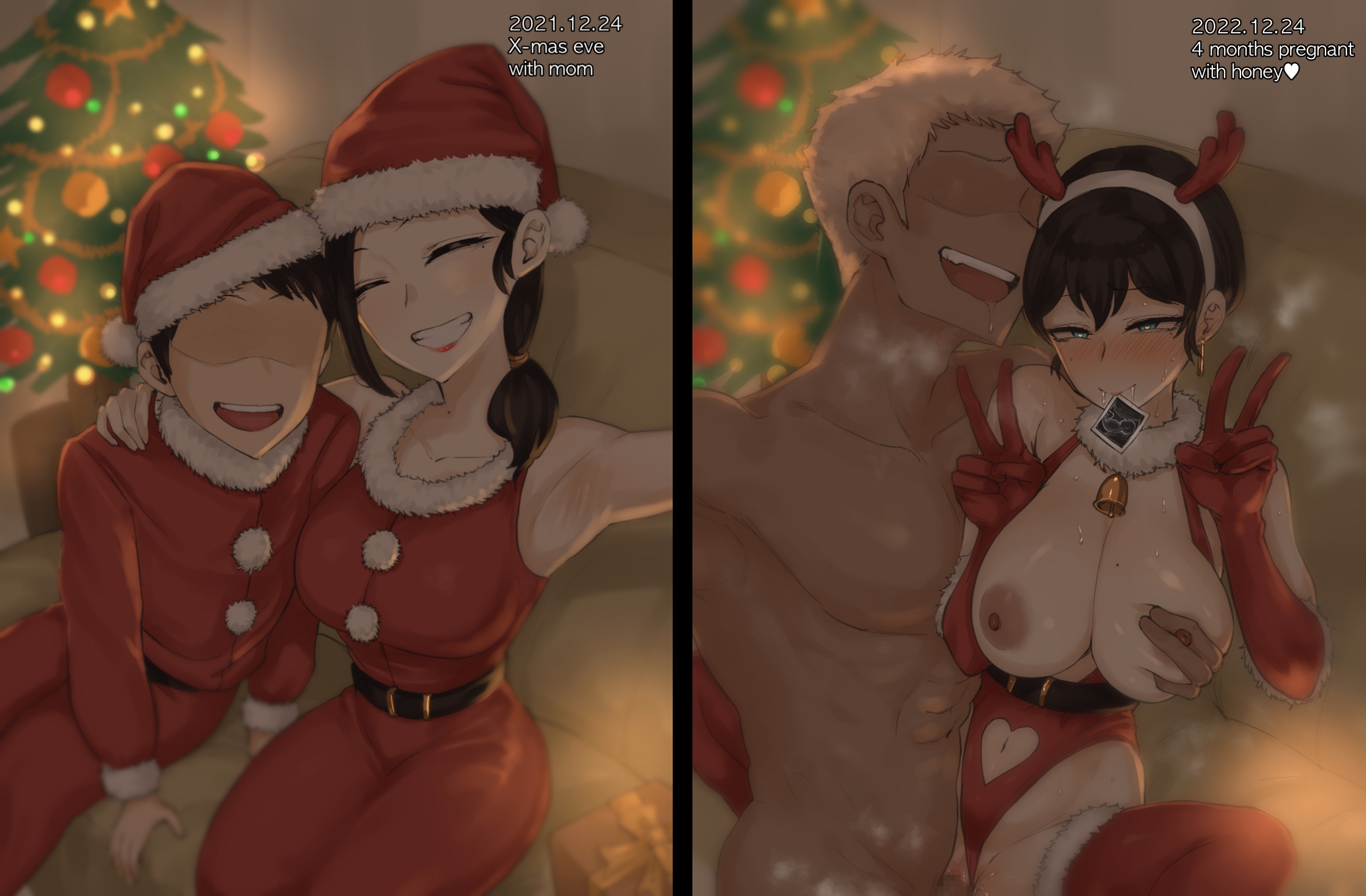 1boy, 1girls, 2boys, 2koma, ahe gao, before and after, before and during pregnancy, big breasts, blue eyes, blush, breast grab, breasts, christmas, creampie, cuckold, cum in pussy, curvy, dark skin, dark-skinned male, double peace sign, english text, female, heart-shaped pupils, highres, instant loss 2koma, laliberte, large breasts, light skin, light-skinned female, light-skinned male, male, mature female, milf, mother, mother and son, motherly cuckold, netorare, nipple tweak, original character, peace sign, ponytail, pregnant, pregnant belly, pregnant sex, pussy, pussy juice, pussy juice drip, santa costume, santa hat, selfie, short hair, spread legs, steam, steaming body, sweat, v, vaginal penetration