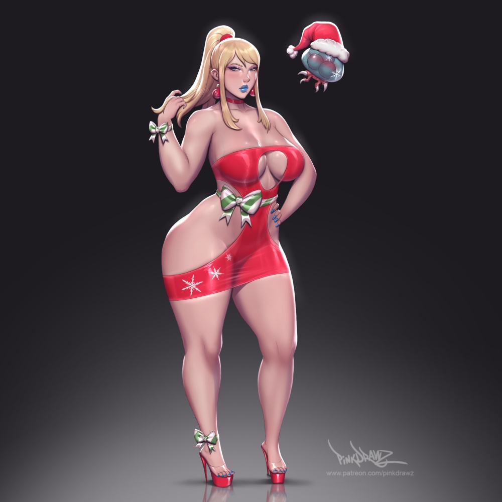 1girls big_breasts bimbo blonde_hair blue_eyes blue_lipstick breasts christmas clear_strap_heels cleavage cleavage_cutout clothing_cutout cutout female female_only full_body high_heels huge_ass huge_breasts light-skinned_female lipstick looking_at_viewer makeup metroid metroid_(creature) no_bra no_panties open_toe_shoes pinkdrawz platform_heels samus_aran solo standing stiletto_heels thick_thighs voluptuous wide_hips