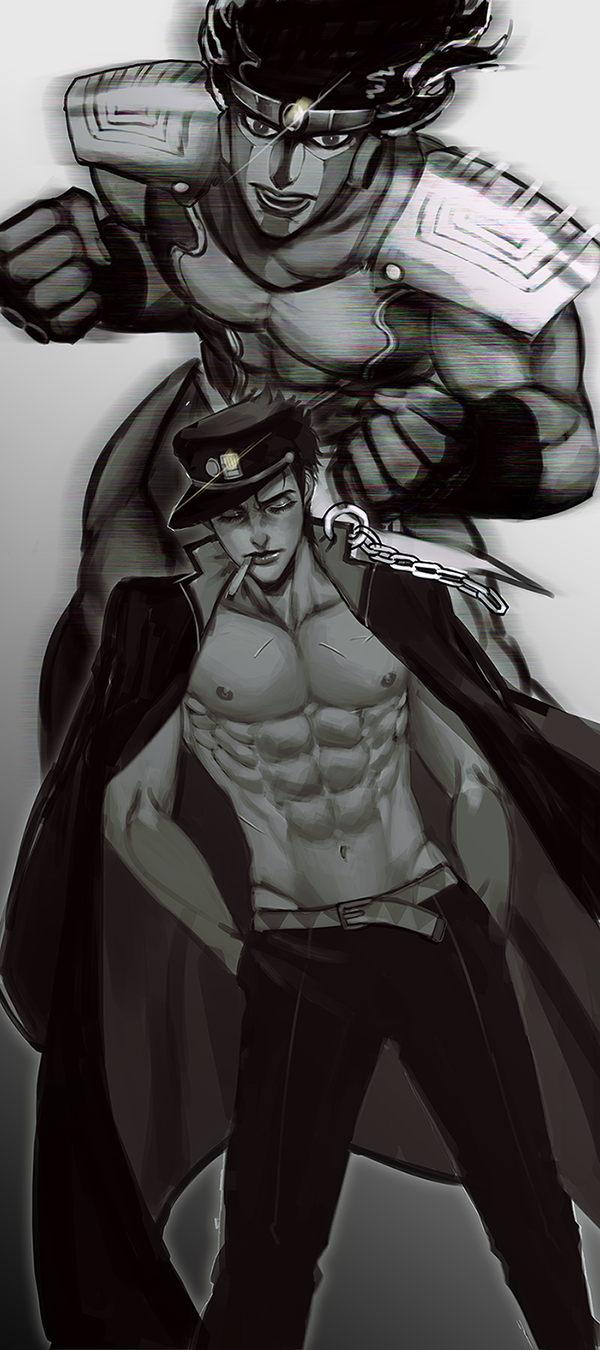 artist_request inviting_to_sex jojo's_bizarre_adventure jotaro_kujo looking_at_viewer male_only pose provocative shirtless stand_(jjba) star_platinum stardust_crusaders