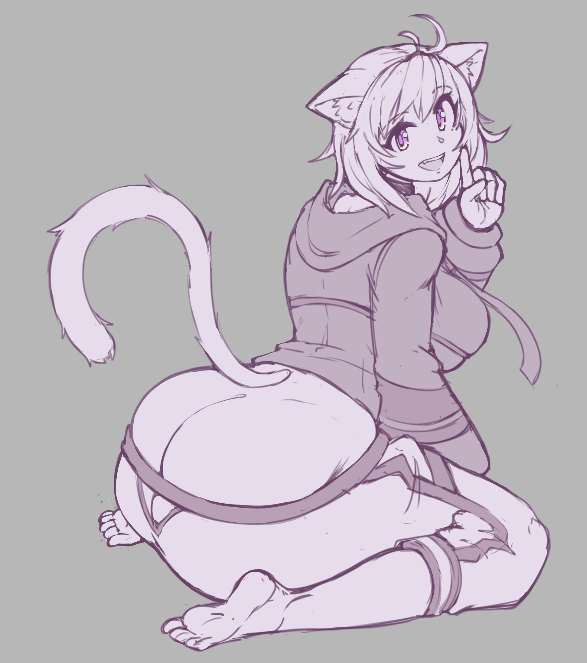 ahoge, animal ear fluff, animal ears, ass, ass cleavage, ass crack, bangs, big ass, blush, breasts, butt crack, cat ears, cat girl, cat tail, crossed bangs, female, from side, grey background, hair between eyes, highres, hololive, hololive gamers, hololive japan, huge ass, kittenboogers, large breasts, long sleeves, looking at viewer, nekomata okayu, pants, purple eyes, purple hair, short hair, shorts, simple background, skindentation, smile, solo, tail, virtual youtuber, white shorts, wide sleeves, wrist cuffs