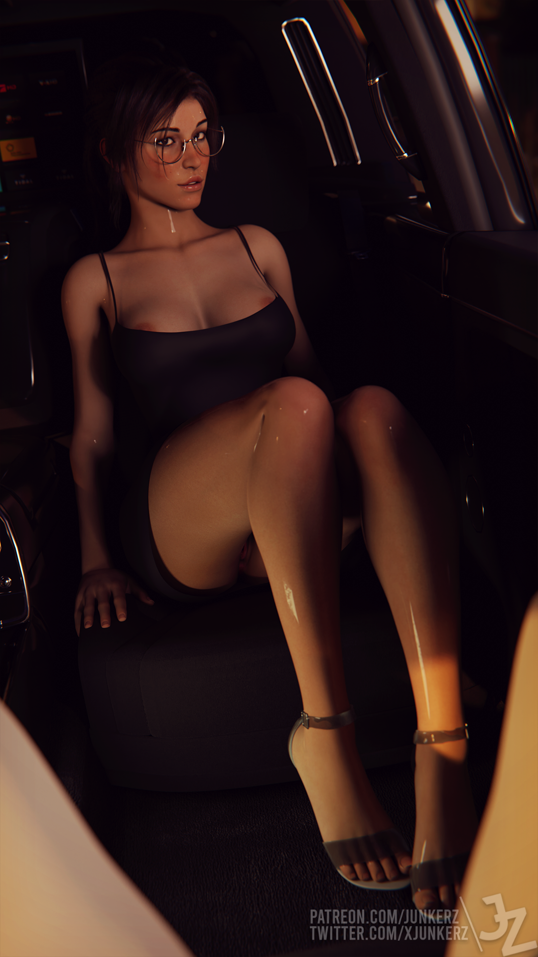 1girls, 3d, areolae, blender, breasts, brown hair, car, cleavage, clothed, clothing, dress, female, female focus, female only, glasses, high heels, junkerz, lara croft, lara croft (survivor), light skin, light-skinned female, looking at viewer, medium breasts, nipple slip, nipples, no bra, no panties, no underwear, pussy, pussy peek, seductive, seductive look, seductive smile, sitting, solo, solo female, solo focus, tomb raider, tomb raider (survivor), vagina, watermark