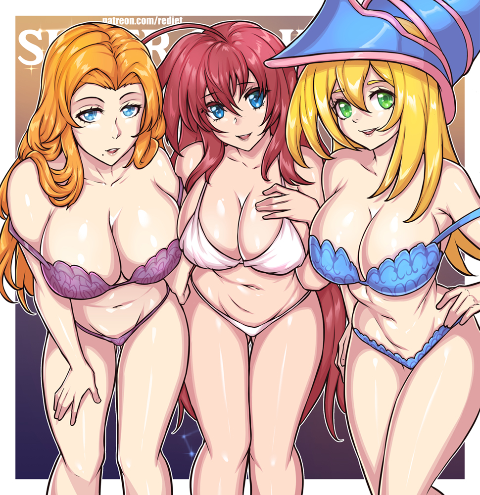 3girls ahoge background_text bleach blonde_hair blue_bra blue_eyes blue_panties border bra breasts cleavage collarbone commentary crossover dark_magician_girl english_commentary english_text female green_eyes hair_between_eyes hand_on_hip hand_on_own_chest hand_on_own_thigh high_school_dxd large_breasts leaning_forward long_hair looking_at_viewer matsumoto_rangiku mole mole_under_mouth multiple_girls navel off_shoulder one_eye_closed open_mouth orange_hair outside_border panties patreon_username purple_bra purple_panties red_hair redjet rias_gremory simple_background smile strap_slip underwear underwear_only white_border white_bra white_panties yu-gi-oh!