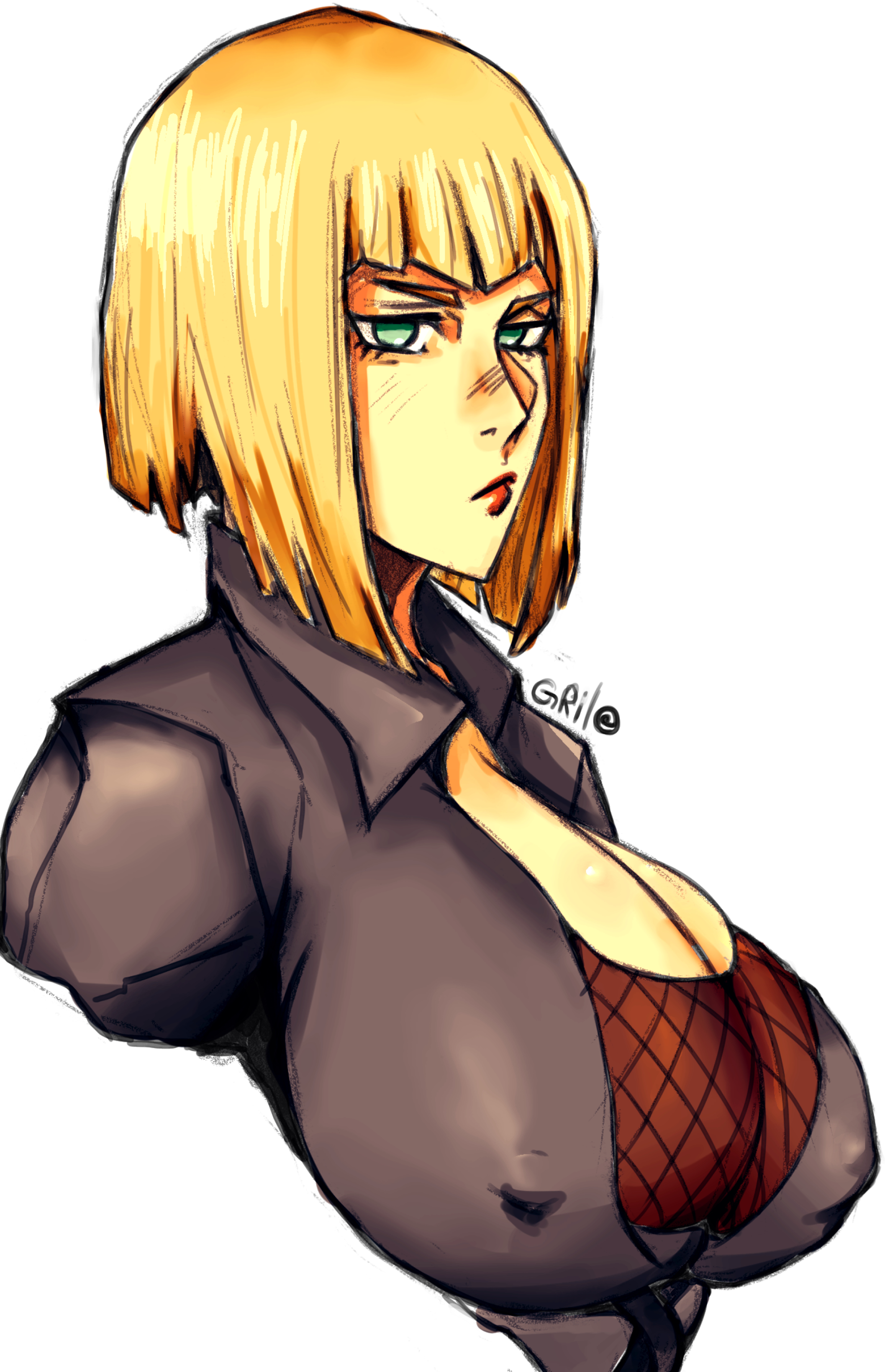 1girls, big breasts, blonde hair, blue eyes, bob cut, breasts, breasts bigger than head, busty, cleavage, dress, erect nipples, erect nipples under clothes, female, female only, huge breasts, kunoichi, looking at viewer, mature, mature female, naruto, naruto (series), naruto shippuden, ninja, nipples, no bra, puffy nipples, samui, serious, solidus grilo, solo, solo focus, upper body, visible nipples