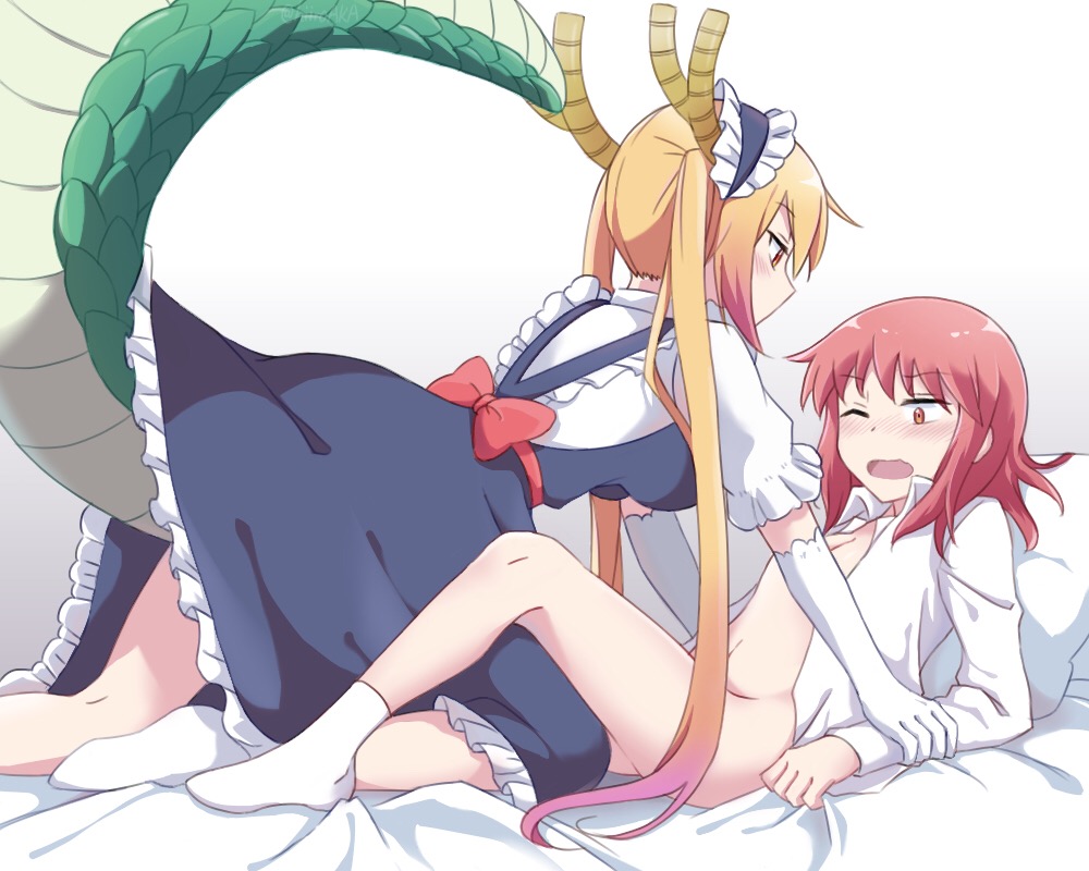 2girls, artist request, female, female only, kobayashi, miss kobayashi's dragon maid, multiple females, multiple girls, orange eyes, tohru (dragon maid), yuri