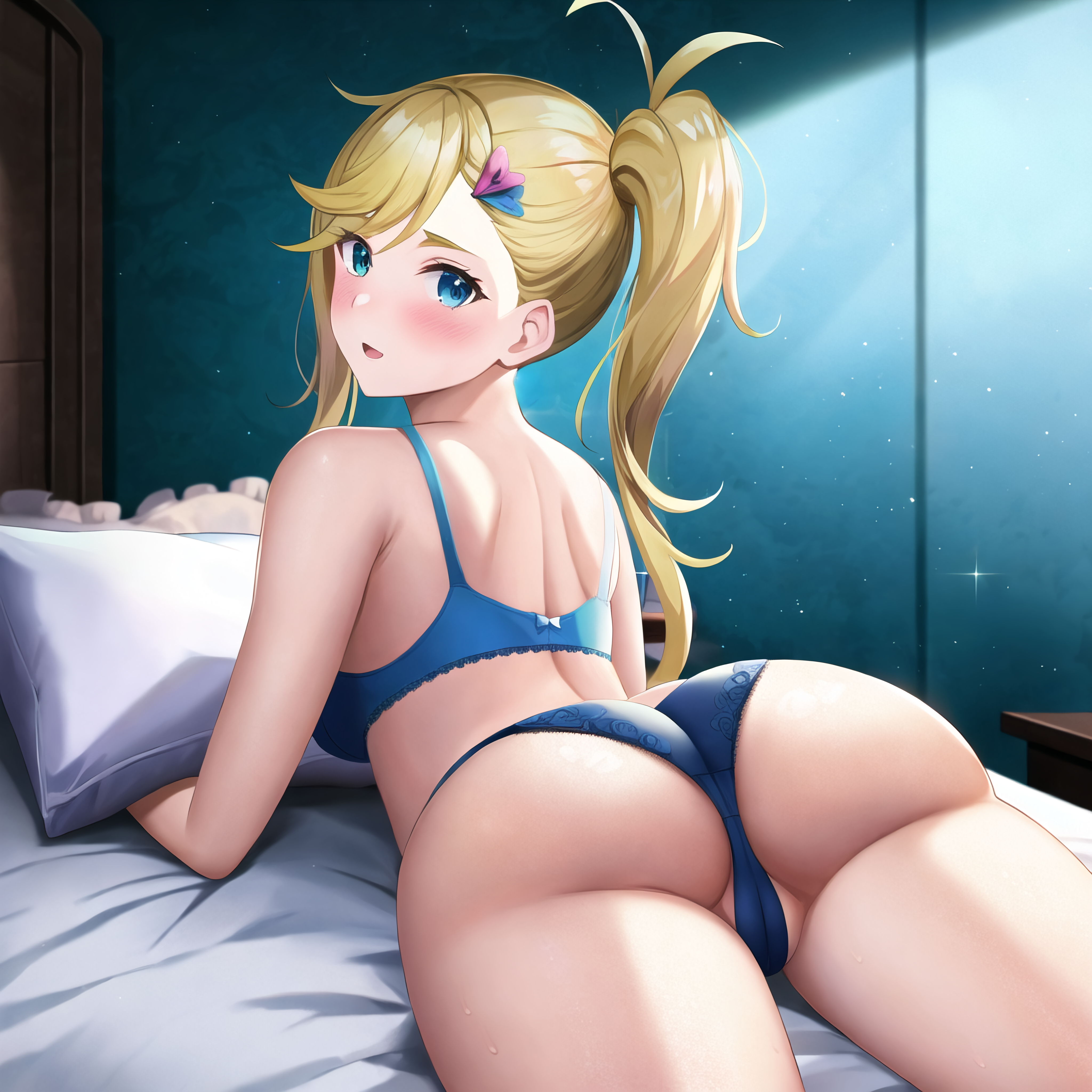 ai generated, aqua eyes, ass, ass focus, asymmetrical bangs, asymmetrical hair, blonde hair, blue bra, blue underwer, blush, breasts, female, heart hair ornament, huge ass, large breasts, lingerie, lingerie only, looking at viewer, looking back, minerva (re:zero), nai diffusion, on bed, pillow, pillow grab, r0, re:zero kara hajimeru isekai seikatsu, side ponytail, smile, stable diffusion, swept bangs, thick thighs