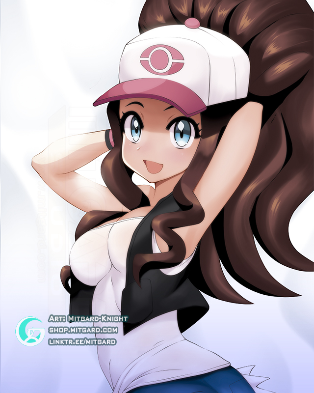 anime_style armpits blue_eyes breasts brown_hair fanart female female hilda_(pokemon) looking_at_viewer mitgard-knight pokemon solo_female teenager waifu2x