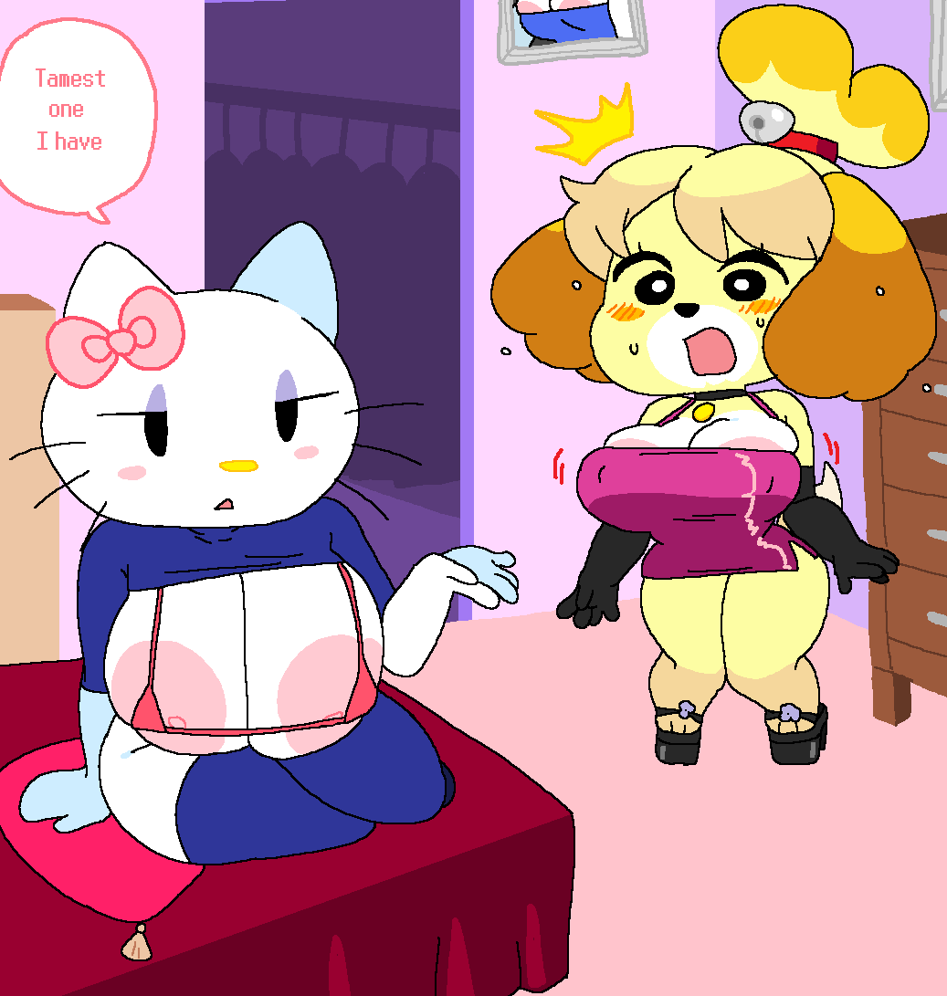 2girls animal_crossing anthro anthropomorphism areola areolae big_breast big_breasts black_eyes blue_shirt blue_stockings bow bra breasts cassettedream cat collar crossover dog dream-cassette dress elbow_gloves english_text female gloves heels hello_kitty hello_kitty_(character) hello_kitty_(series) hoshime isabelle_(animal_crossing) kitty_white long_sleeves micro_bikini mob_face nintendo nipples pink_bow purple_dress red_bra sanrio shirt shirt_up stockings wardrobe_malfunction whiskers white_fur yellow_fur yellow_nose