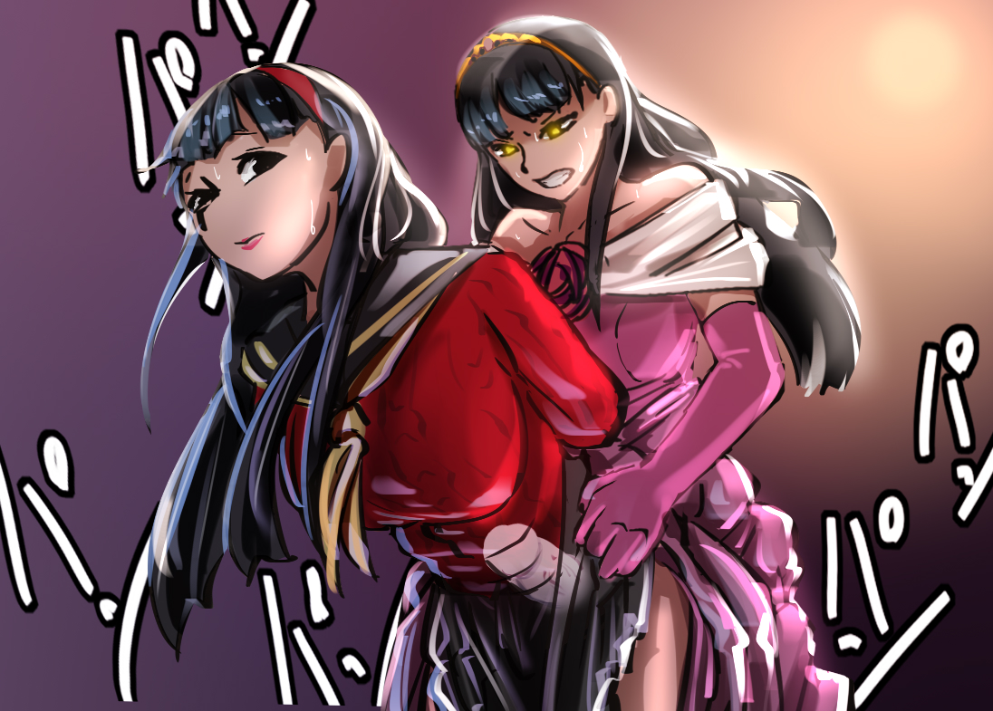 1futa, 1girls, amagi yukiko, angry, arm gloves, bangs, bent over, black hair, bottomless, clothed, clothed female, clothed sex, clothing, color, doggy style, dress, duo, emotionless, female, futa on female, futanari, headband, human, intersex, light skin, light-skinned female, light-skinned futa, long hair, mostly clothed, persona, persona 4, raitaroo, selfcest, shadow (persona), simple background, standing, straight hair, sweat, x-ray