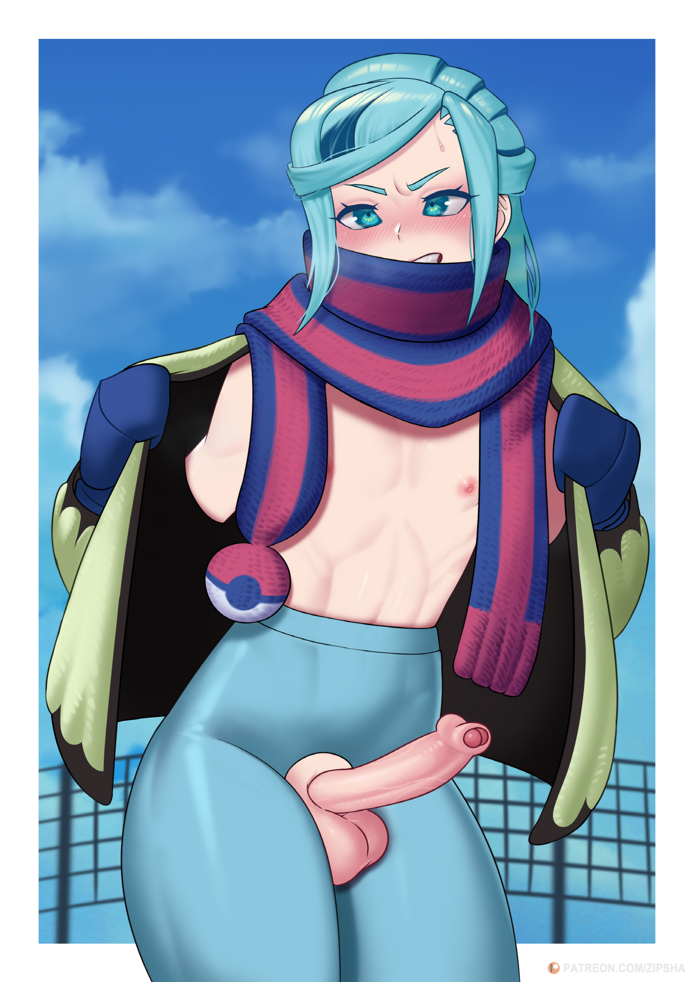 1boy, balls, ballsack, blue eyes, blue hair, blush, cute male, erect penis, erection, femboy, foreskin, gloves, grusha (pokemon), hole in pants, human, light skin, light-skinned male, long foreskin, male, male nipples, male only, nintendo, nipples, pants, penis, pokemon, pokemon sv, scarf, scrotum, shaved crotch, solo, standing, sweat, sweatdrop, testicles, thick thighs, thighs, uncensored, uncircumcised, uncut, undressing, unretracted foreskin, veiny penis, zipsha