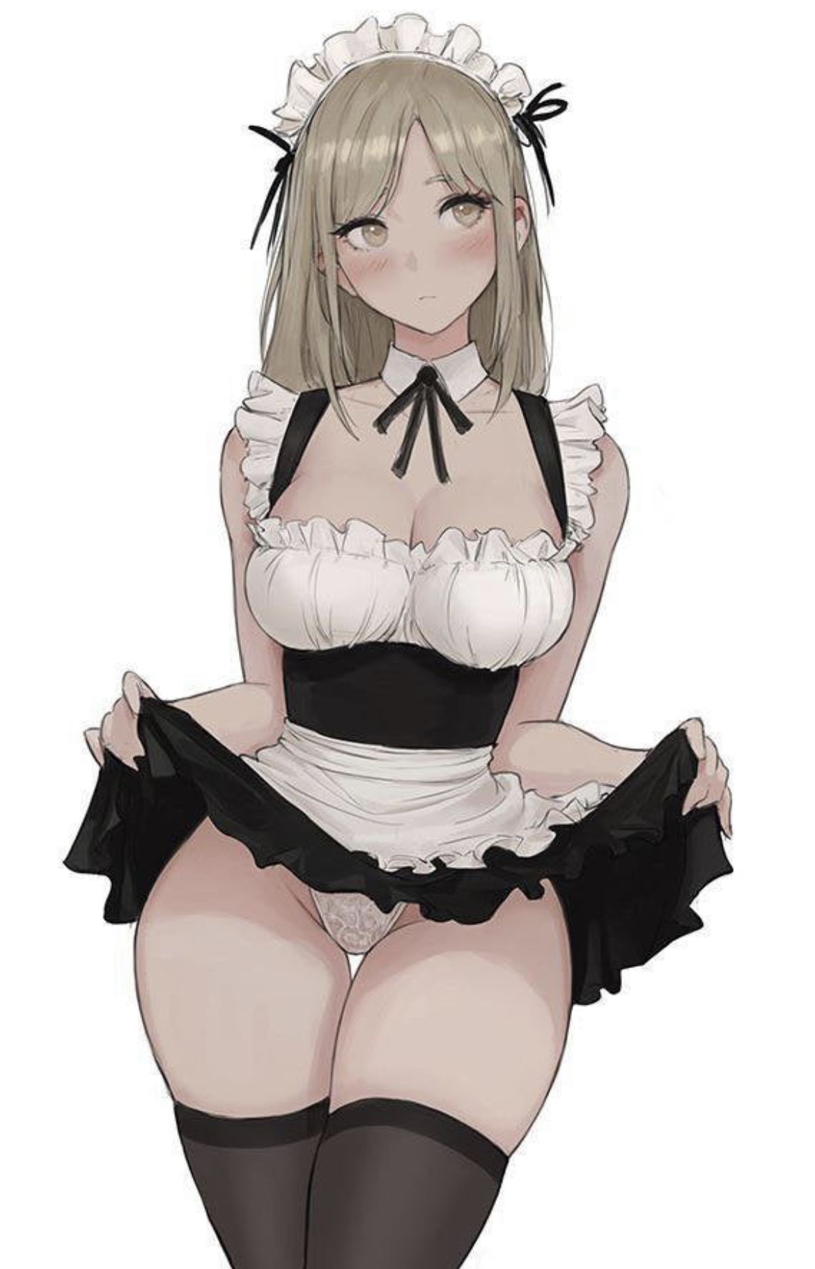 female, female only, fully clothed, maid, maid uniform, nuker, nuker (nukerdraws), panties, revealing clothes, short skirt, skirt, skirt lift, stockings, thick thighs, thighhighs, thighs
