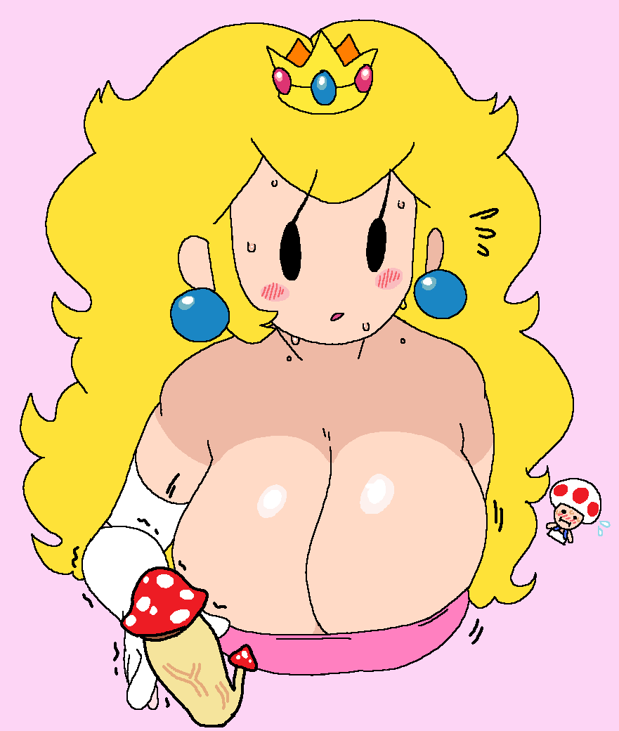 1girls big_breasts black_eyes blonde_hair breasts cassettedream cleavage crown dream-cassette earrings female hoshime huge_breasts intelligent_systems light-skinned_female light_skin long_hair mario_(series) mob_face mushroom mushroom_penis nintendo paper_mario paper_peach pink_background princess_peach tagme