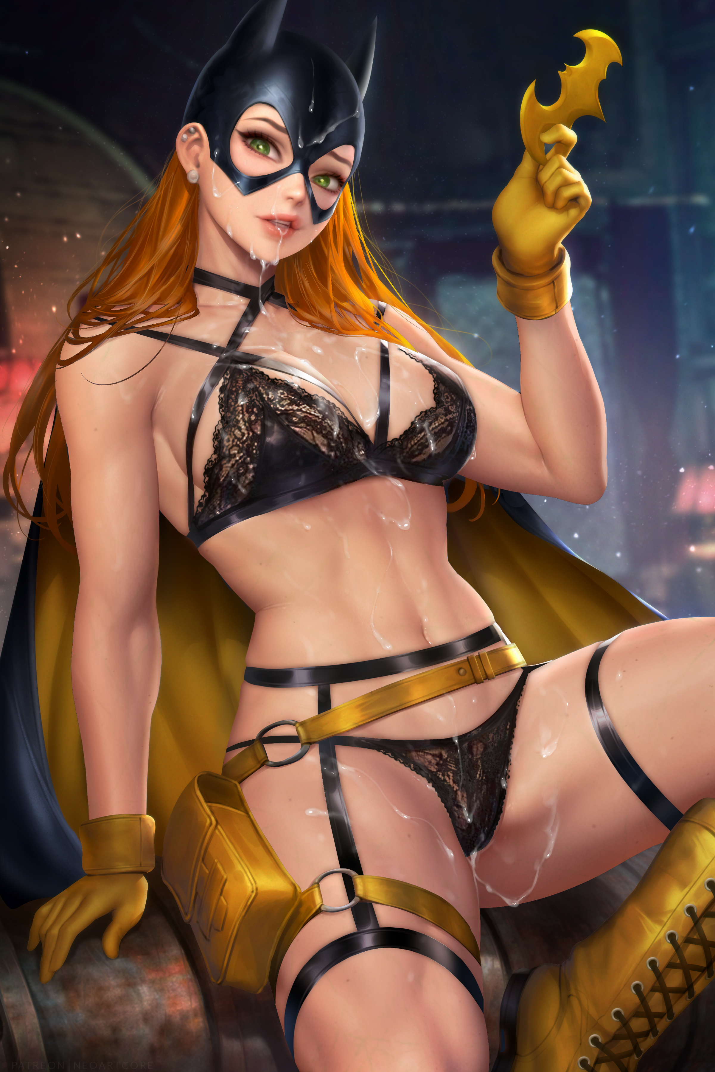 abs, barbara gordon, batgirl, batgirl (barbara gordon), batman (series), belt, big breasts, boots, breasts, cape, cum in mouth, cum on body, cum on breasts, cum on face, cumdrip, dc, dc comics, ear piercing, earrings, female, female focus, female only, fit, fit female, gloves, green eyes, hartman hips, hi res, highres, hourglass figure, lingerie, looking at viewer, mask, navel, neoartcore, orange hair, sweat, thighs