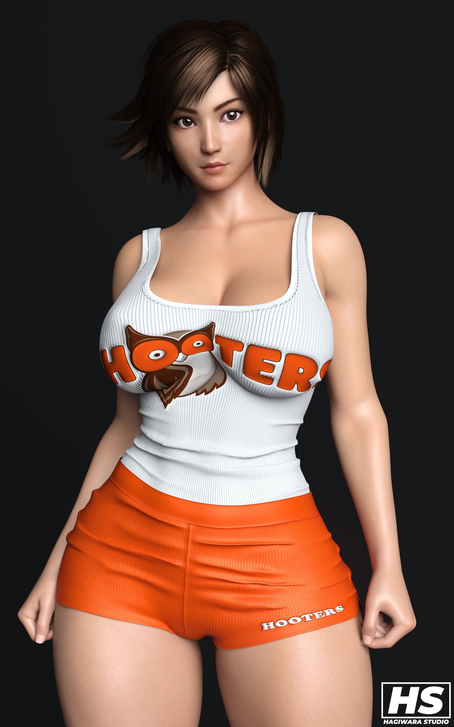 1girls, 3d, alternate version at source, alternate version available, ass, big breasts, breasts, brown eyes, female, female only, fully clothed, hagiwara studio, hooters, hooters uniform, kazama asuka, light skin, light-skinned female, medium hair, namco, short shorts, shorts, solo, solo female, tank top, tekken, tekken 7, thick ass, thick thighs, tomboy