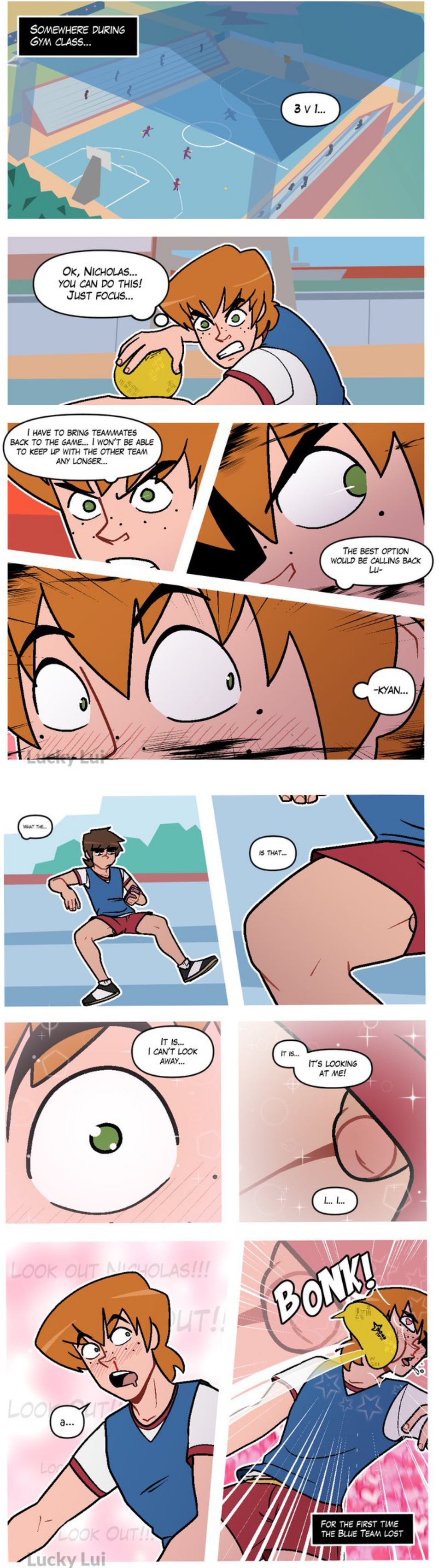 2boys brown_eyes brown_hair distracted freckles gay ginger_hair green_eyes heart-shaped_pupils luckylui lukyan nicholas nosebleed oc original_characters penis_peek shorts