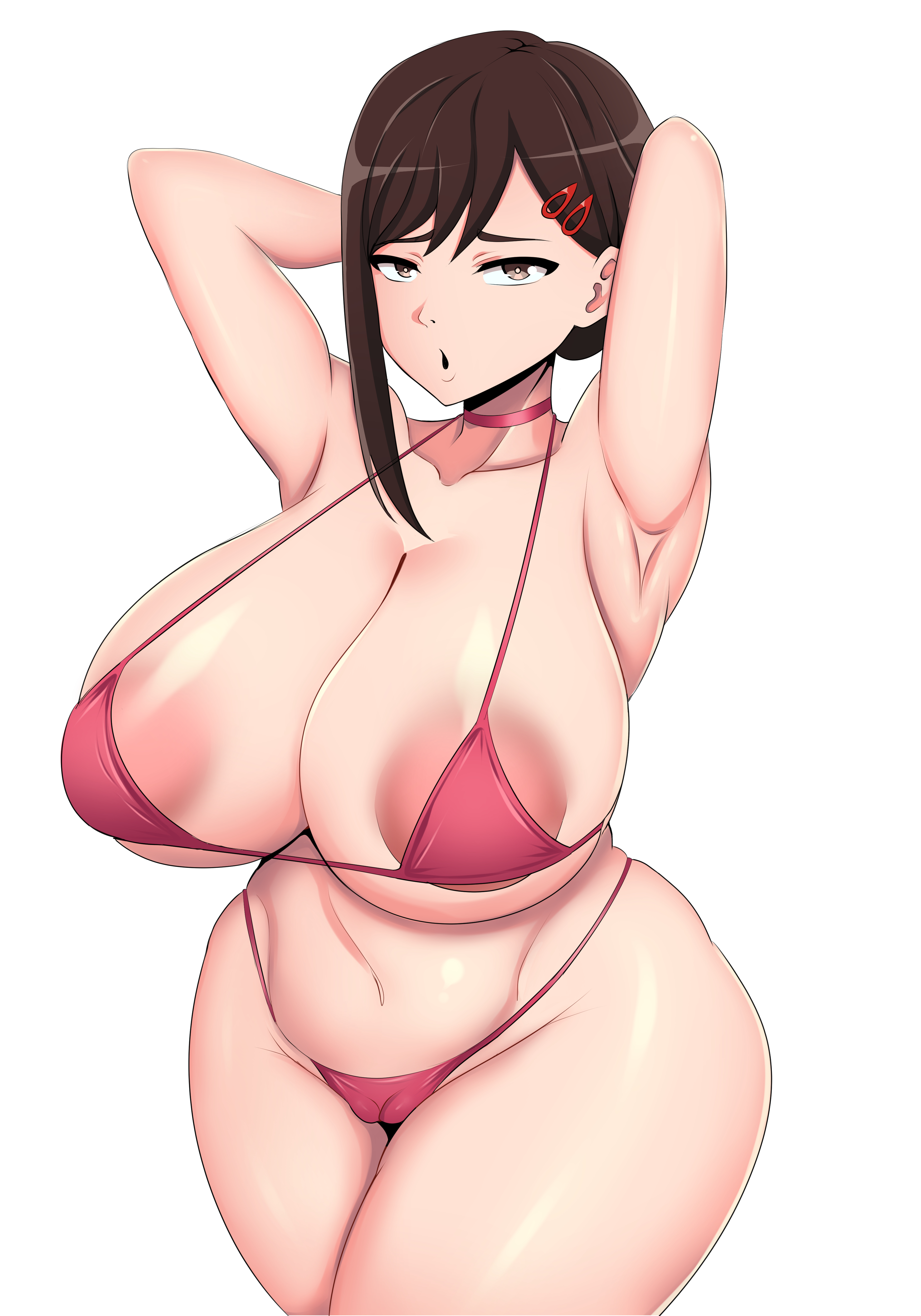 1girls, armpits, arms behind head, big breasts, bikini, black hair, blush, breasts, chainsaw man, choker, female, female only, higashiyama kobeni, huge breasts, micro bikini, solo, taisukiart, voluptuous, wide hips