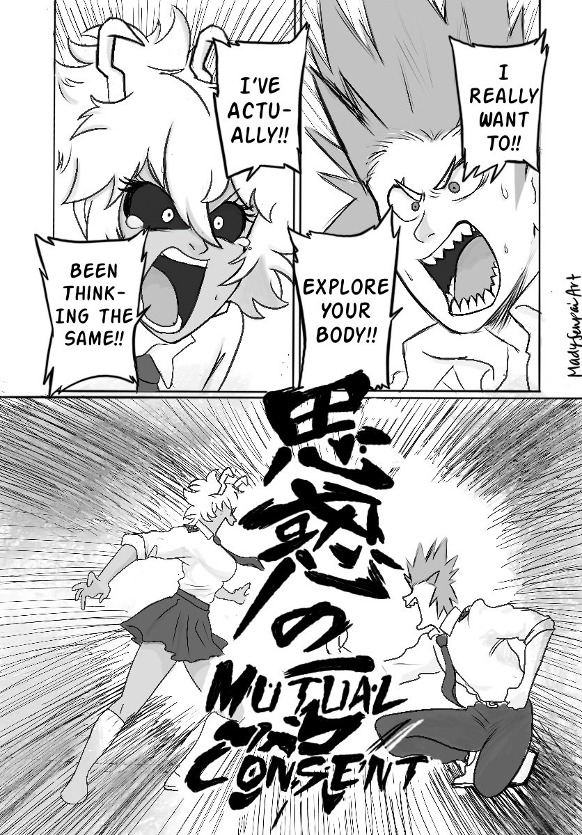 1boy, 1girls, black sclera, comic, consent, dialogue, eijirou kirishima, english dialogue, english text, female, funny, horns, madysenpaiart, male, mina ashido, monochrome, my hero academia, right to left, school uniform, sharp teeth, speech bubble, spiky hair, straight, suggestive, u.a. school uniform
