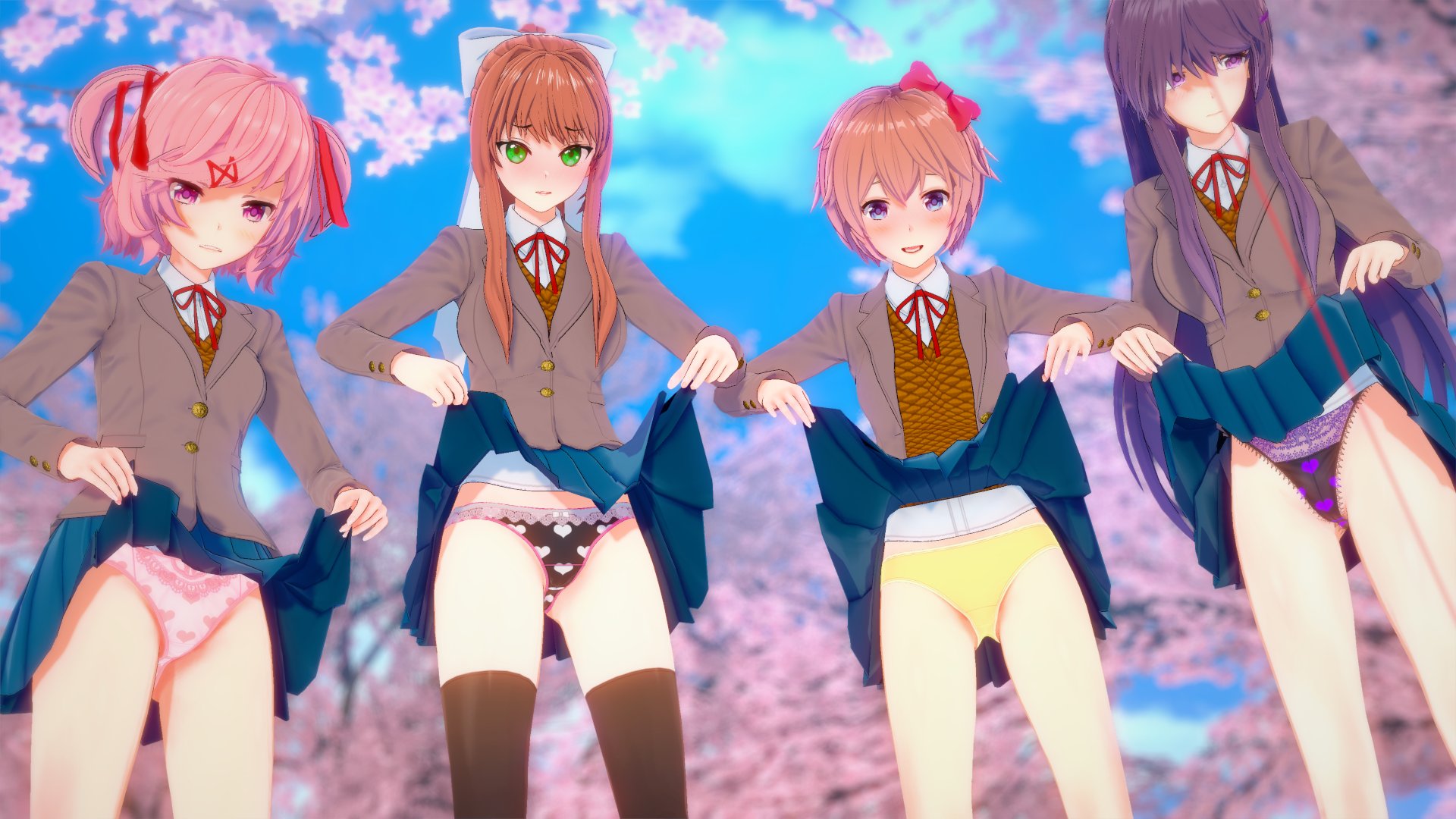 4girls, blue eyes, blue skirt, blush, cherry blossoms, doki doki literature club, female, female only, green eyes, koikatsu, long hair, mashirosolera, monika (doki doki literature club), multiple females, multiple girls, natsuki (doki doki literature club), panties, pink eyes, pink hair, pink panties, purple eyes, purple hair, sayori (doki doki literature club), skirt, skirt lift, thighhighs, two-tone panties, yellow panties, yuri (doki doki literature club)